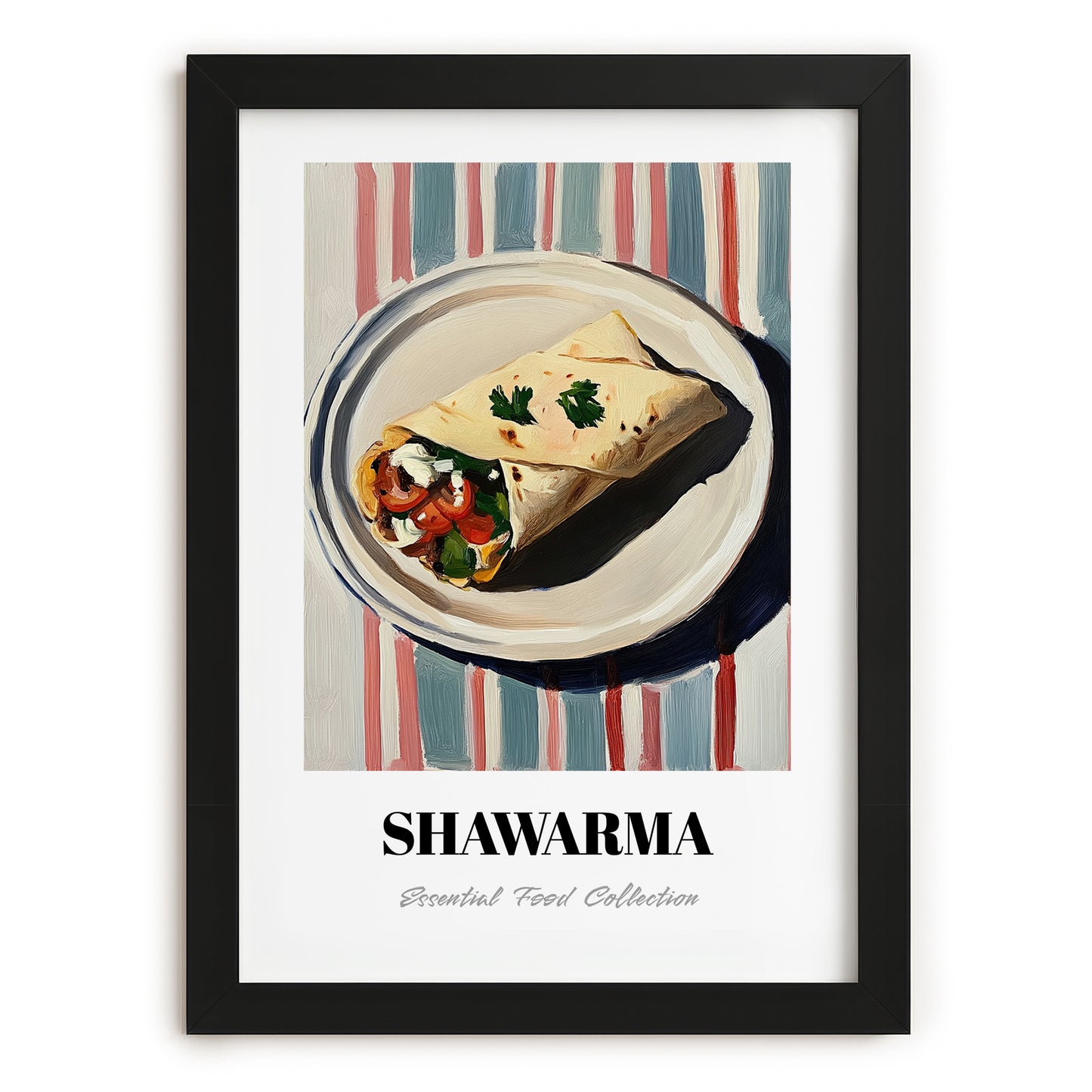 Shawarma – on Striped Tablecloth, Middle Food Print, in sleek black frame