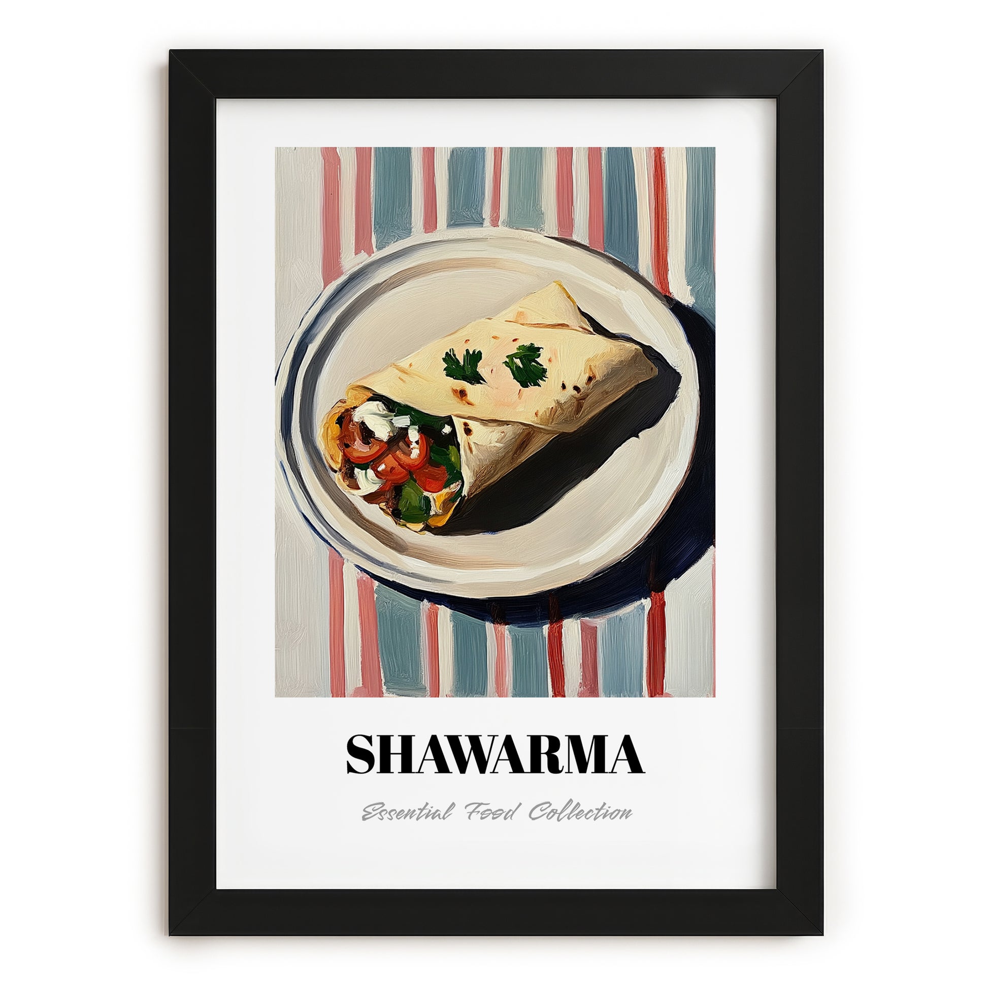 Shawarma – on Striped Tablecloth, Middle Food Print, in sleek black frame