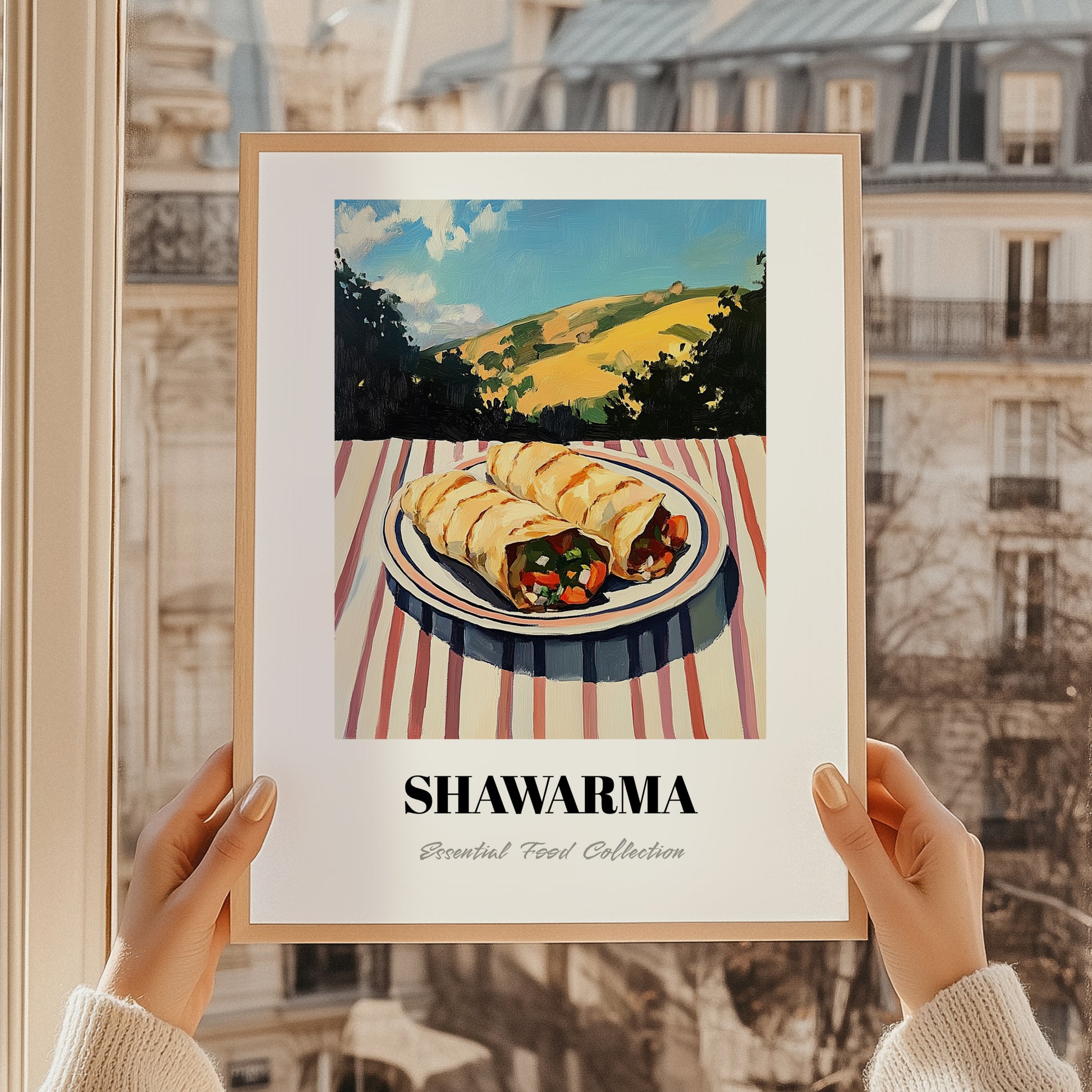 Shawarma – Hilltop Café Scene, Middle Food Wall Art, styled in a charming Paris street view