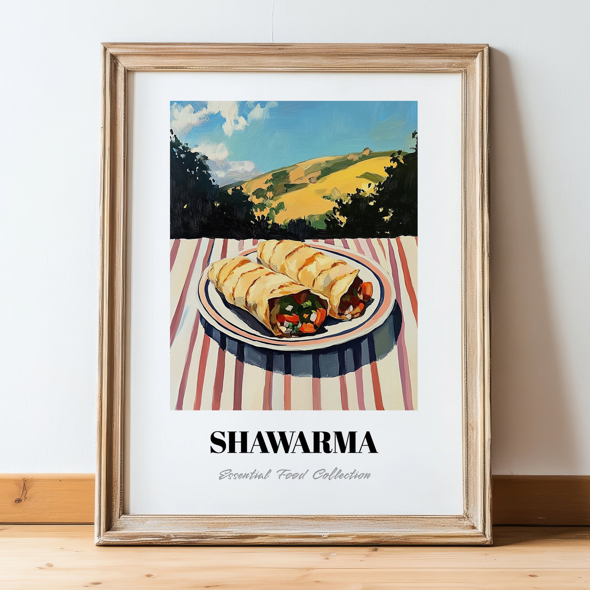 Shawarma – Hilltop Café Scene, Middle Food Wall Art, in wooden frame leaning on the floor