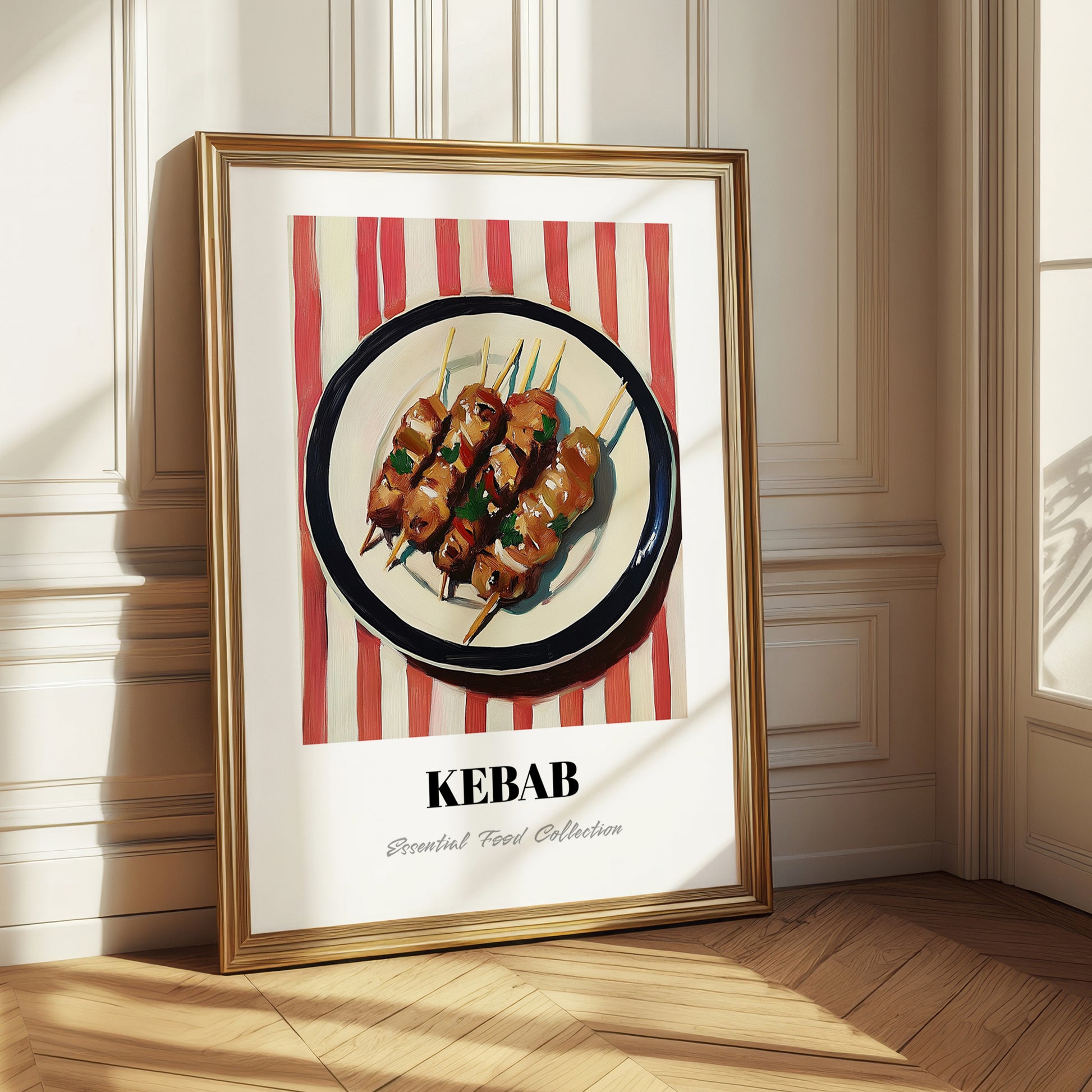 Kebab – on Striped Tablecloth, Turkish Food Painting