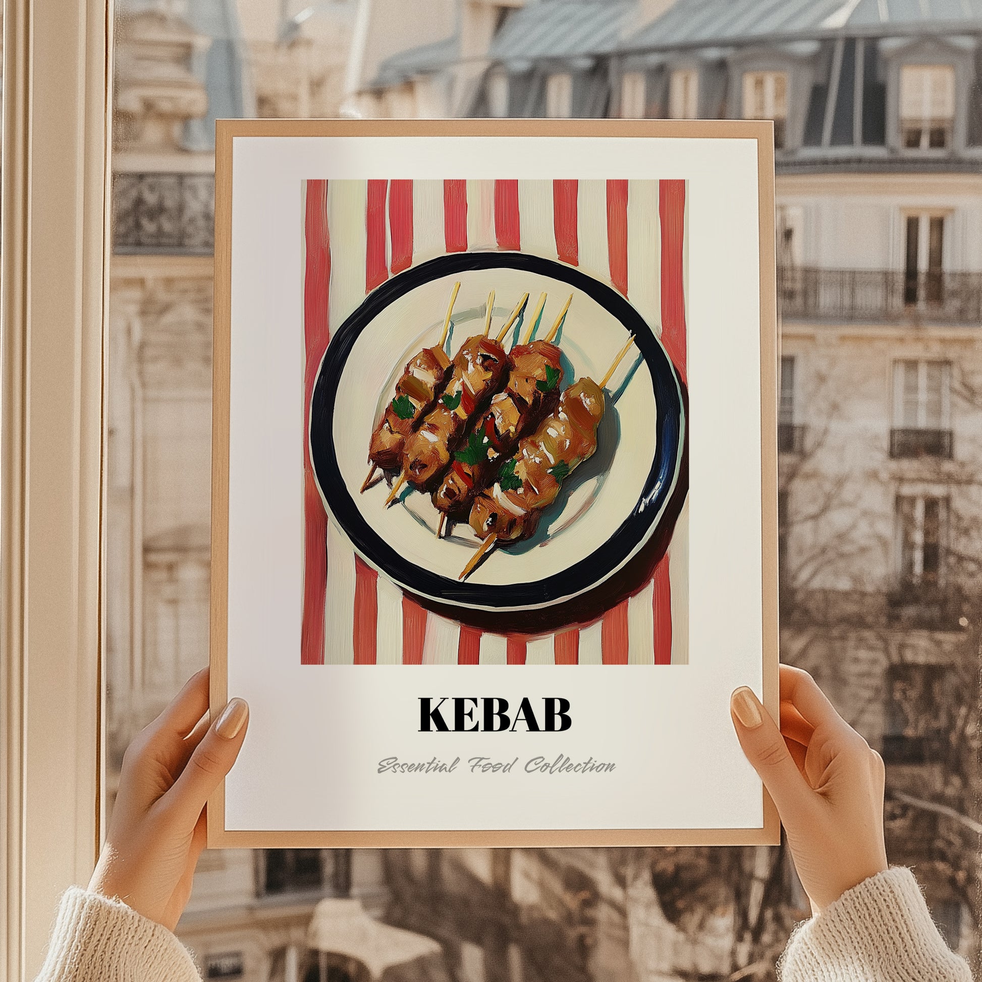 Kebab – on Striped Tablecloth, Turkish Food Painting, styled in a charming Paris street view
