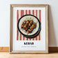 Kebab – on Striped Tablecloth, Turkish Food Painting, in wooden frame leaning on the floor