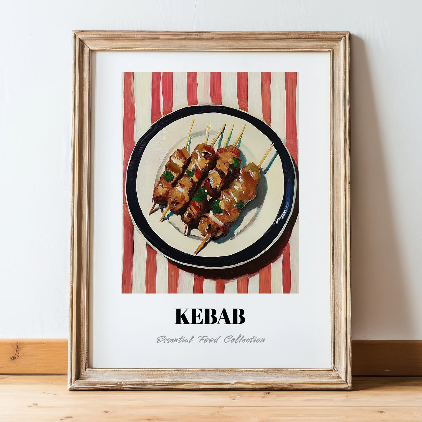 Kebab – on Striped Tablecloth, Turkish Food Painting, in wooden frame leaning on the floor