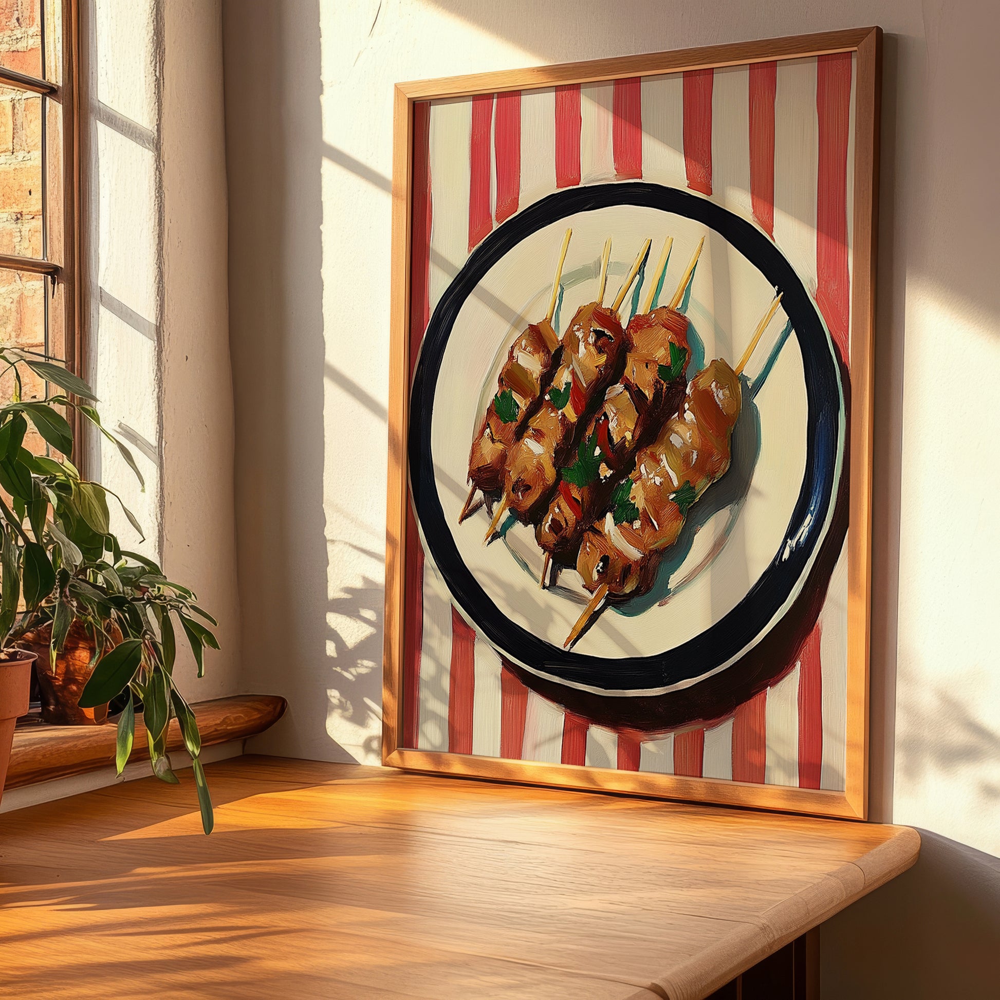 Kebab – on Striped Tablecloth, Turkish Food Painting, clean layout with no caption