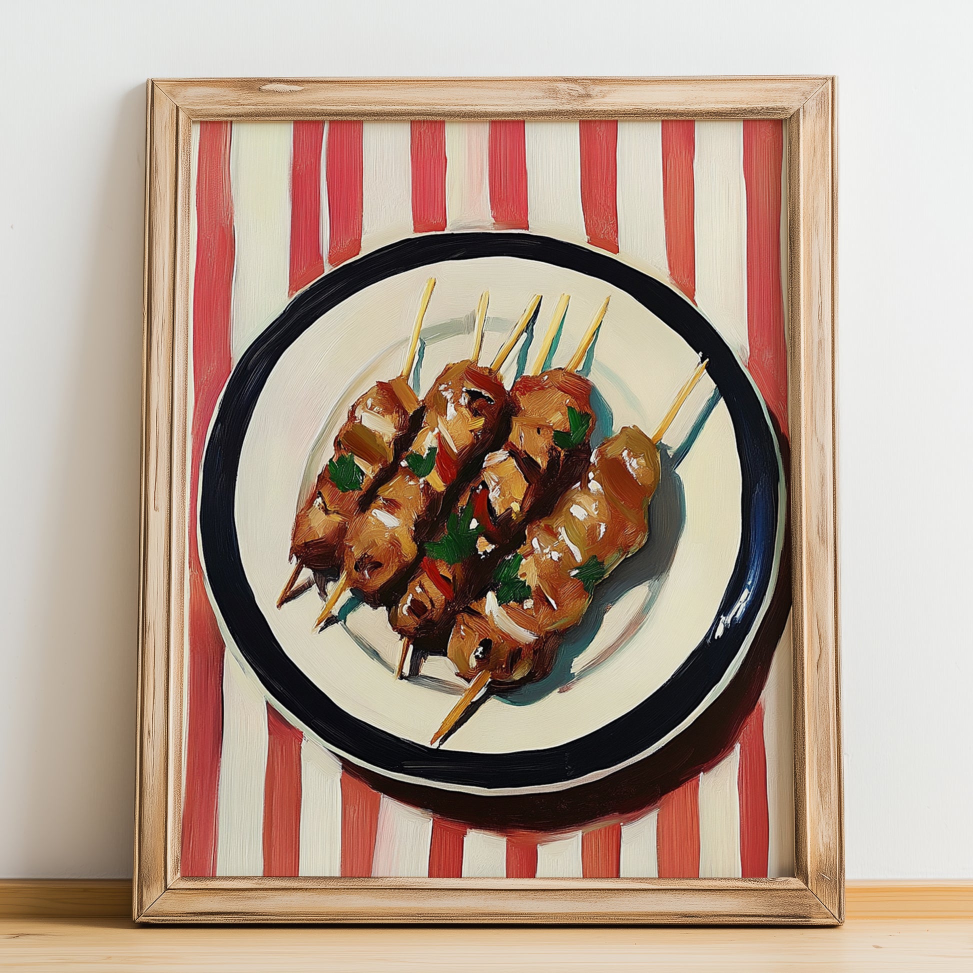 Kebab – on Striped Tablecloth, Turkish Food Painting, no-text version framed in wood