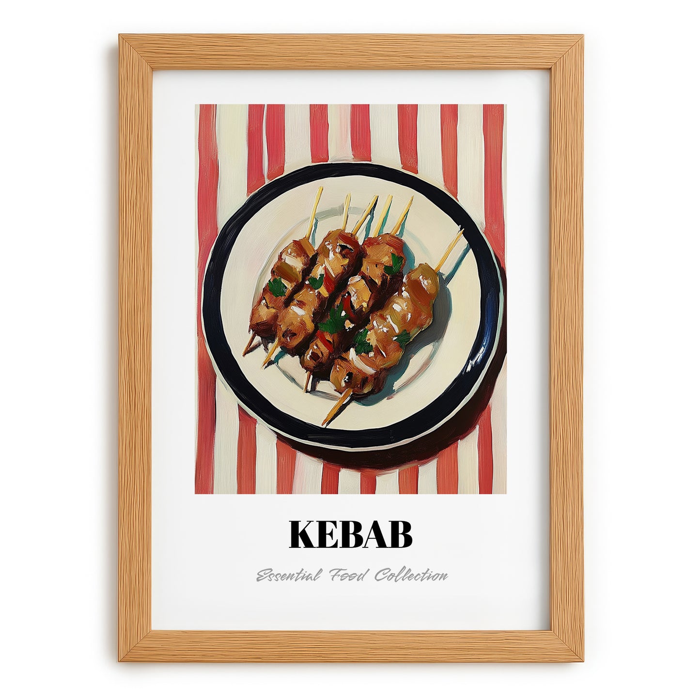 Kebab – on Striped Tablecloth, Turkish Food Painting, set in oak frame