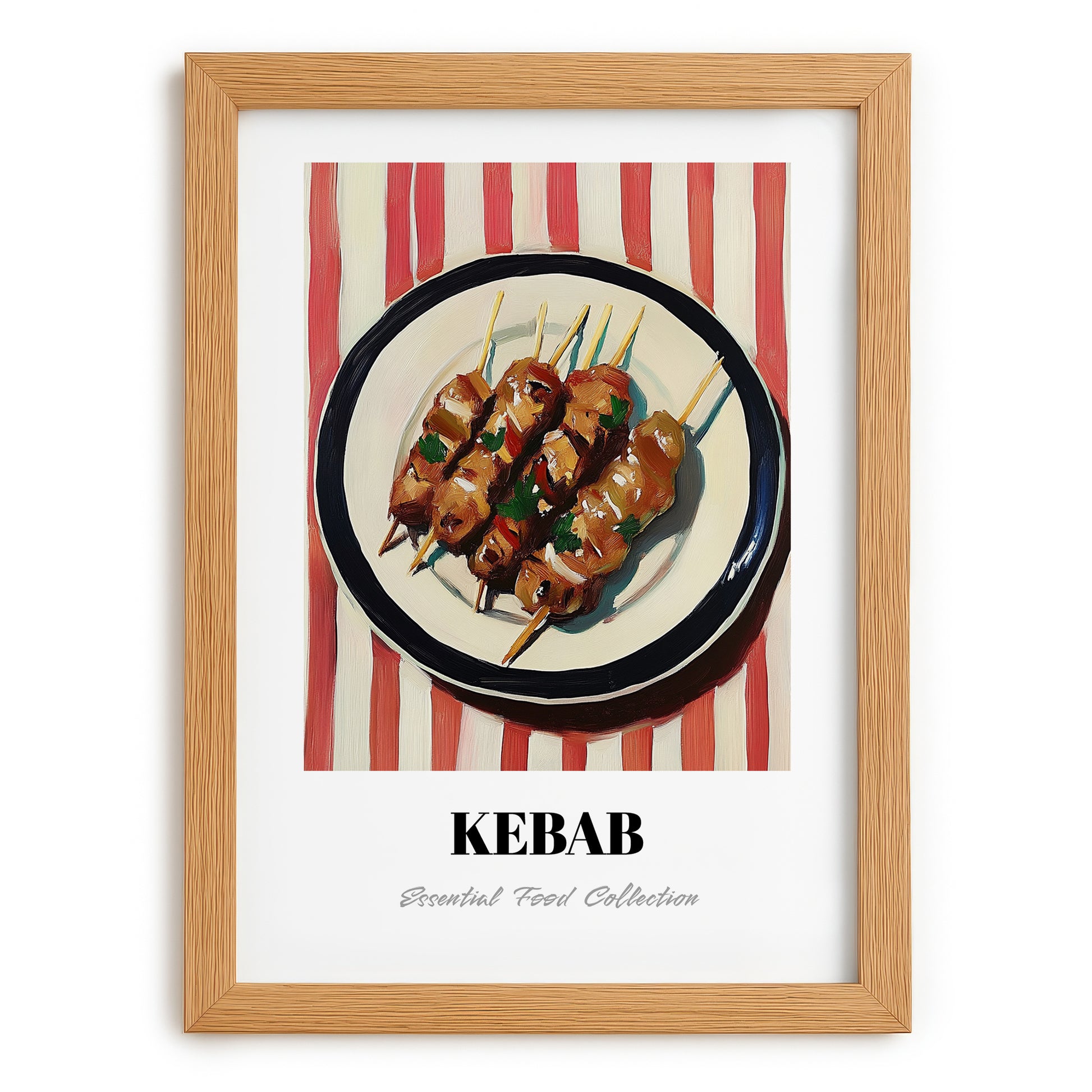 Kebab – on Striped Tablecloth, Turkish Food Painting, set in oak frame