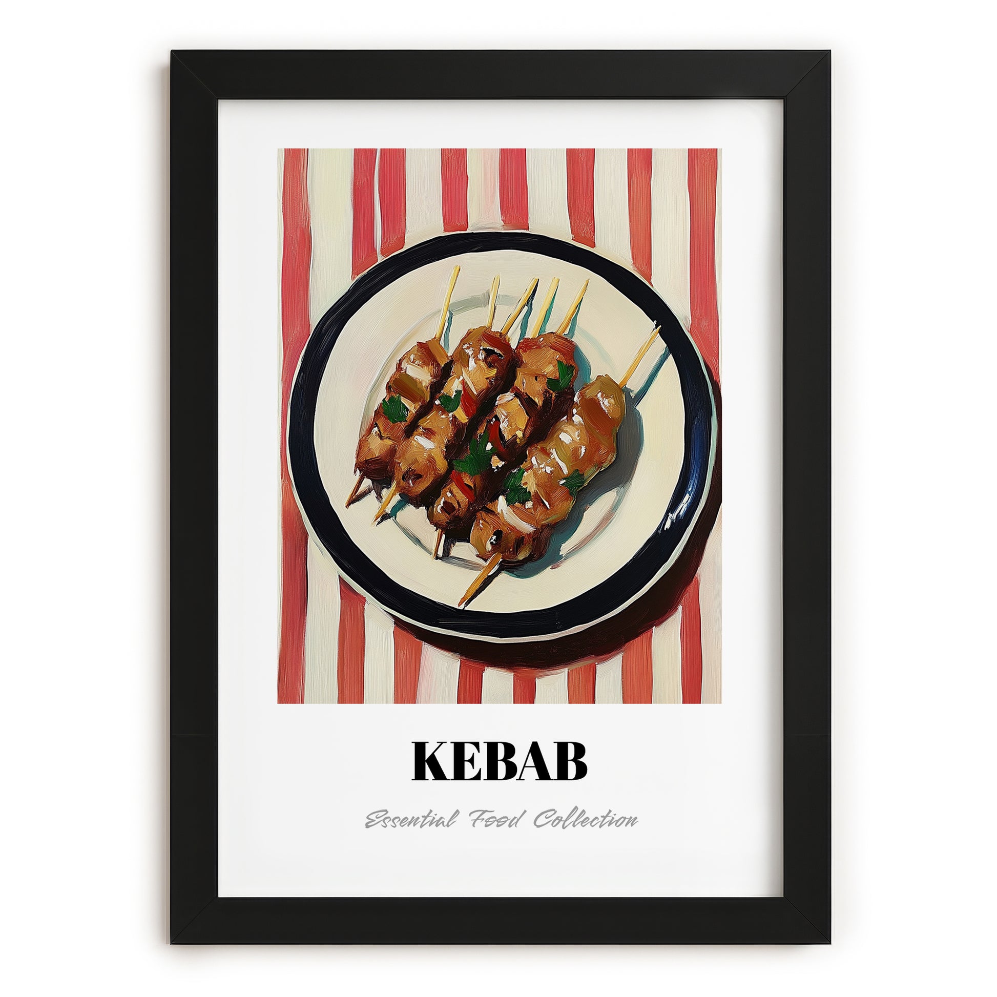 Kebab – on Striped Tablecloth, Turkish Food Painting, in sleek black frame