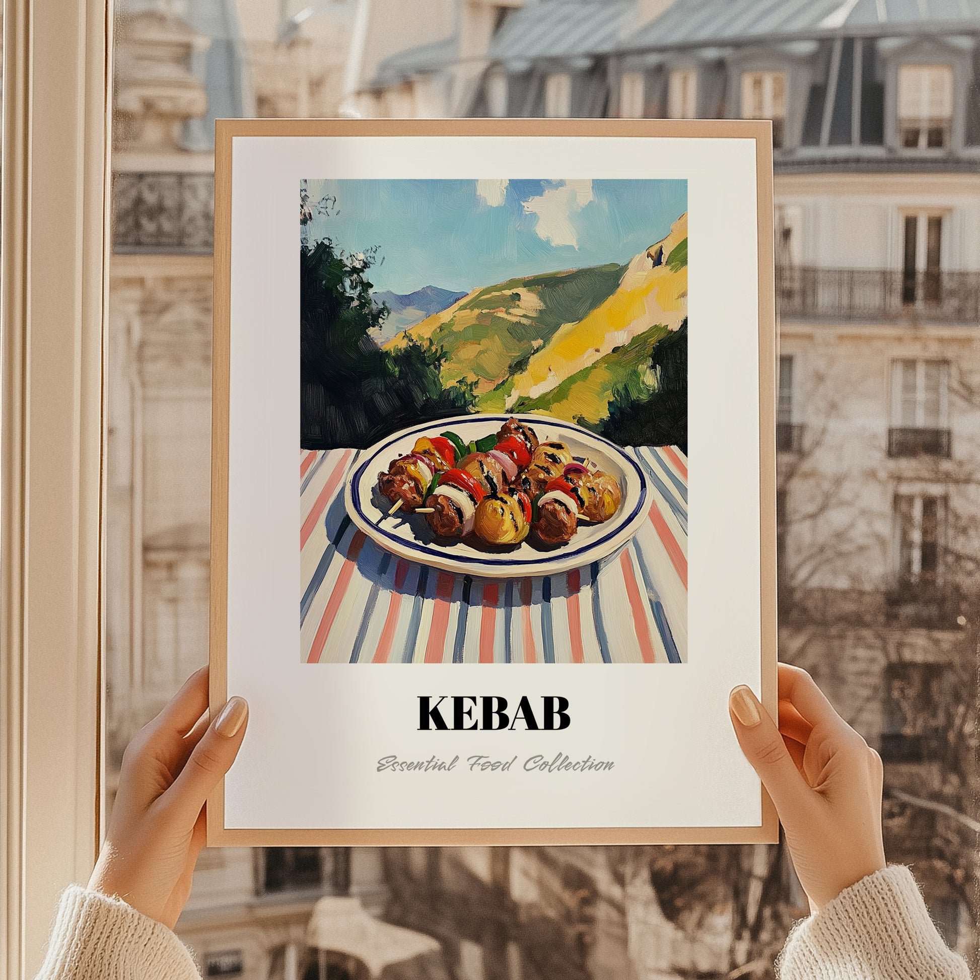 Kebab – Hilltop Table Scene, Turkish Food Poster, styled in a charming Paris street view