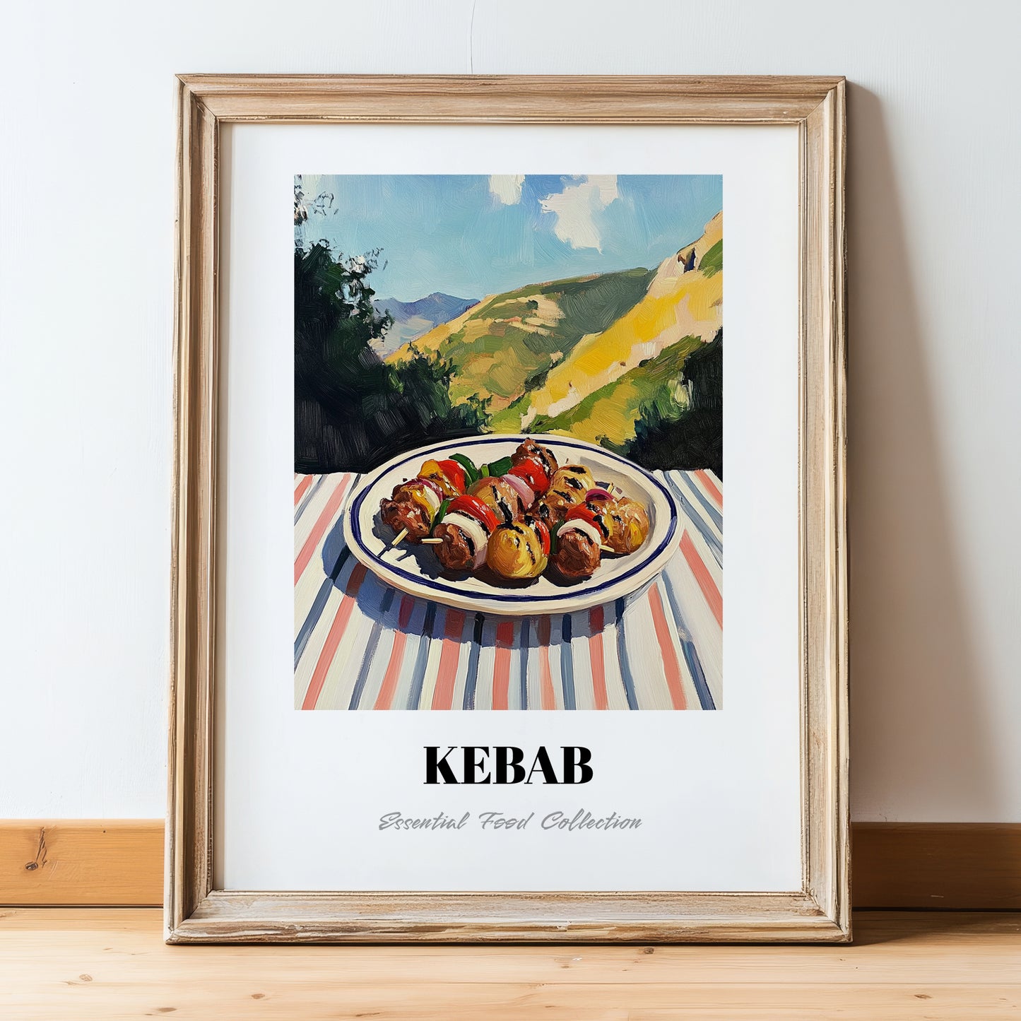 Kebab – Hilltop Table Scene, Turkish Food Poster, in wooden frame leaning on the floor