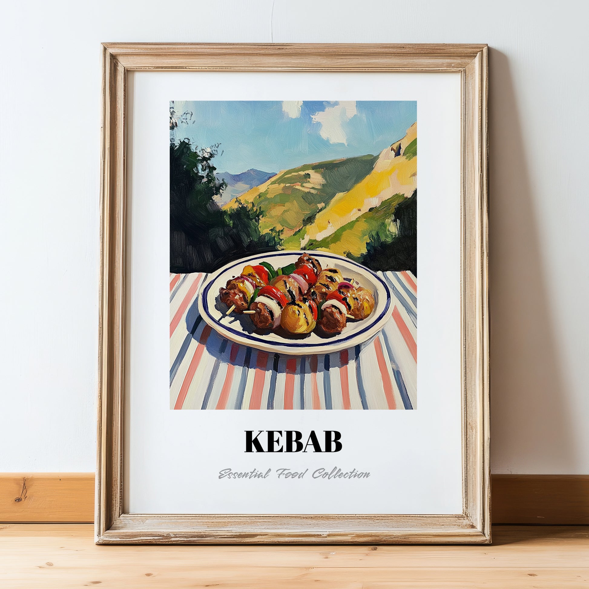 Kebab – Hilltop Table Scene, Turkish Food Poster, in wooden frame leaning on the floor