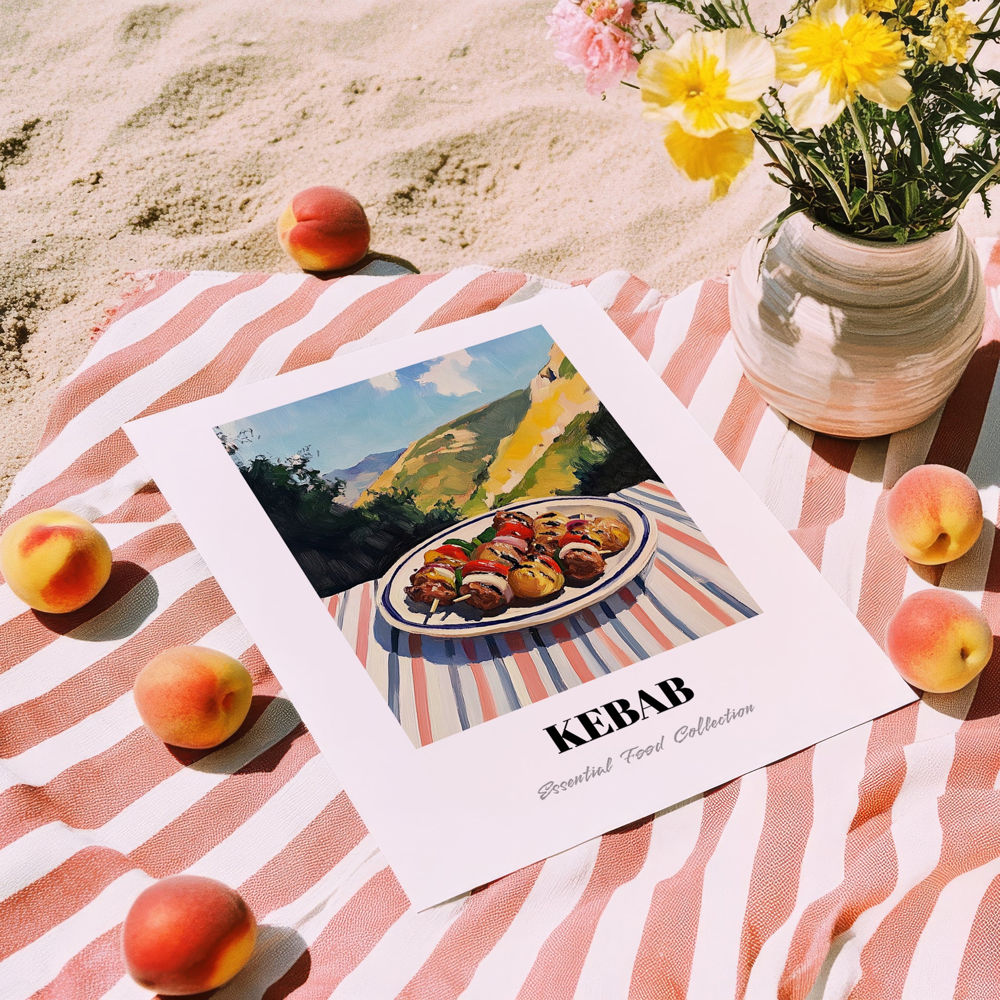 Kebab – Hilltop Table Scene, Turkish Food Poster, unframed on coastal sand