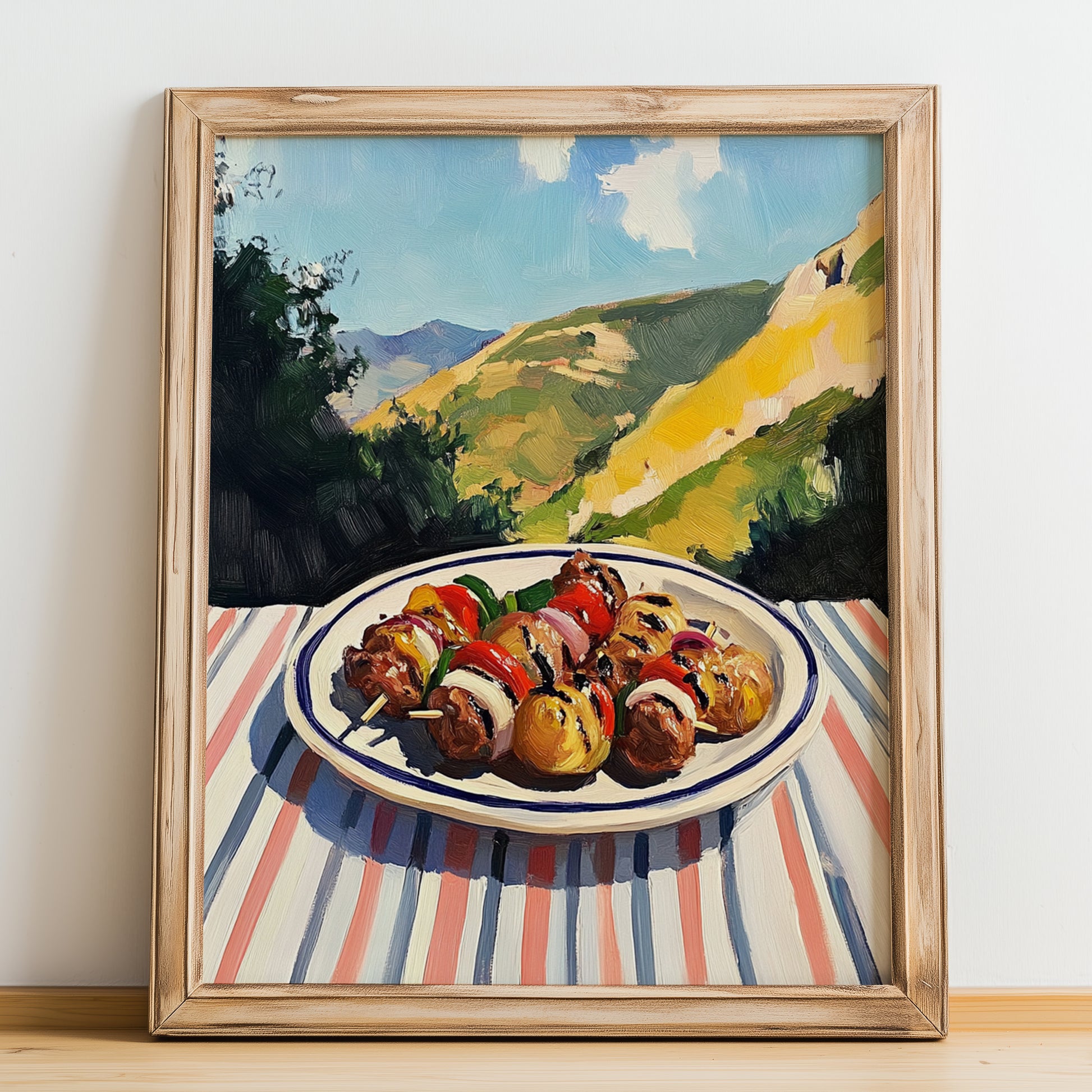 Kebab – Hilltop Table Scene, Turkish Food Poster, no-text version framed in wood