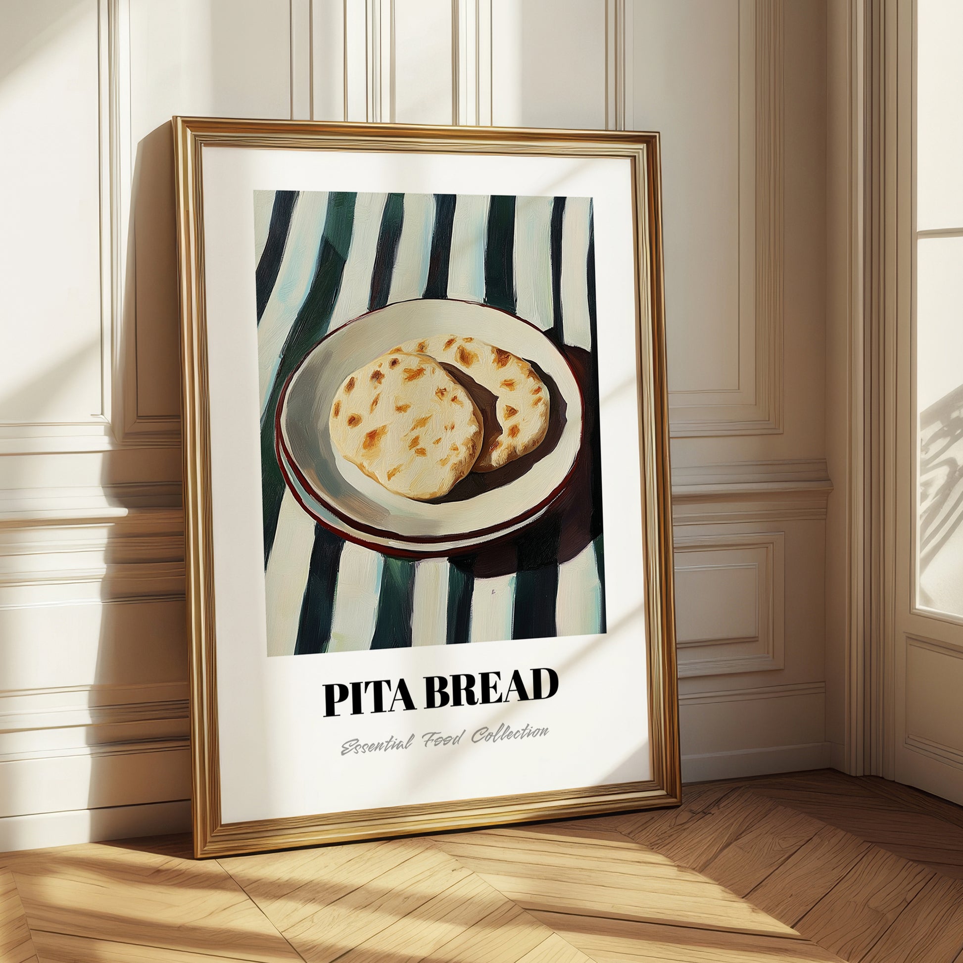 Pita Bread – on Striped Tablecloth, Greek Food Painting