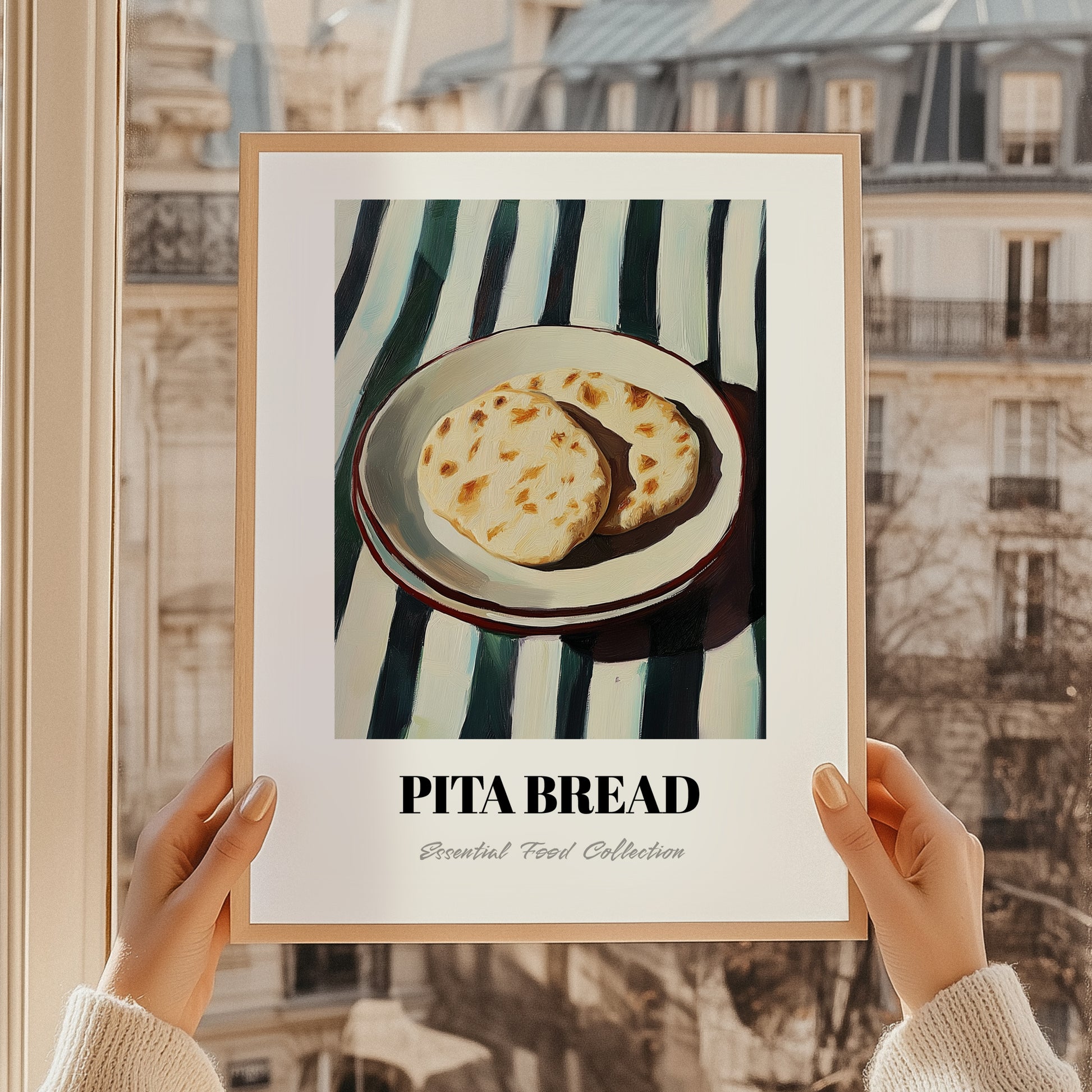 Pita Bread – on Striped Tablecloth, Greek Food Painting, styled in a charming Paris street view