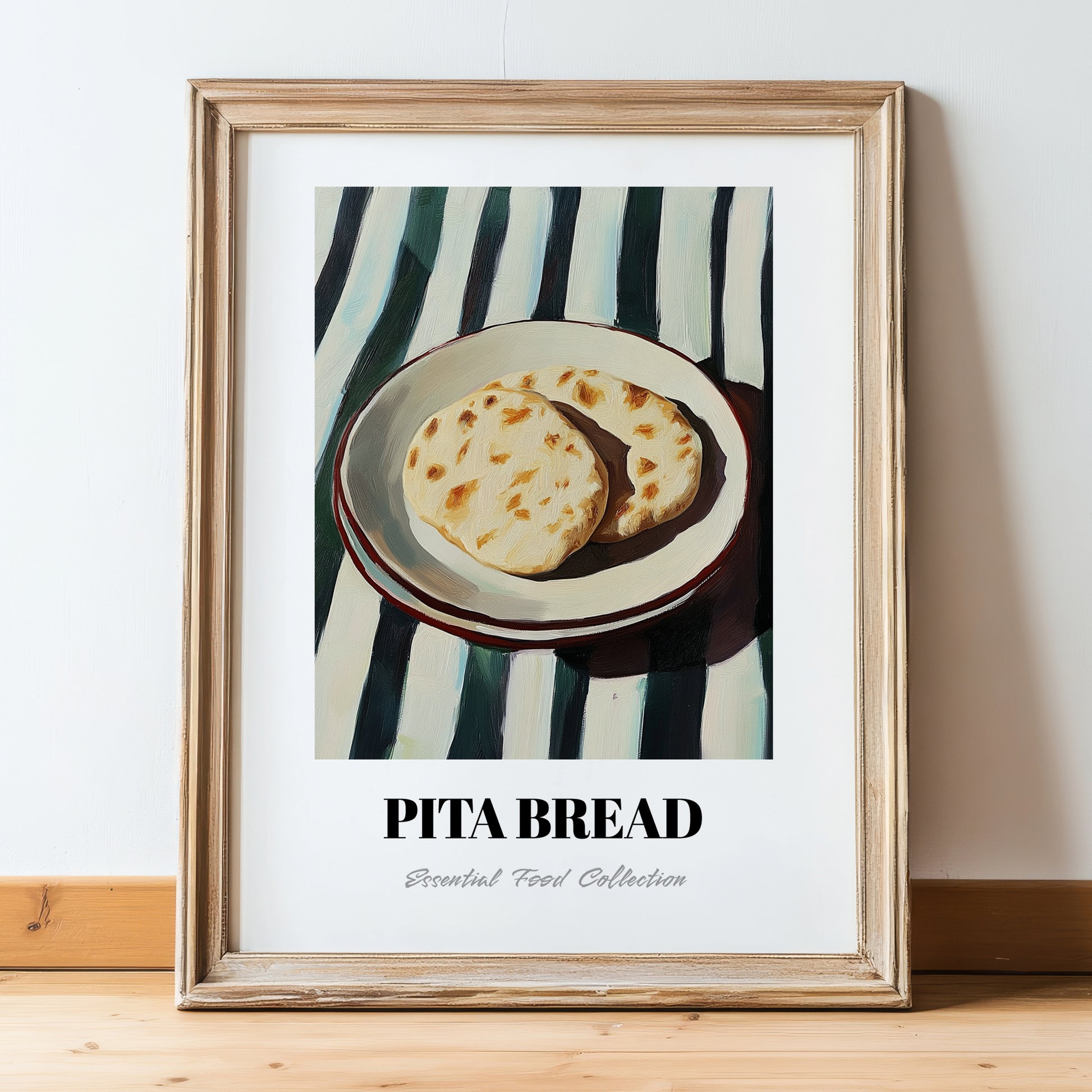 Pita Bread – on Striped Tablecloth, Greek Food Painting, in wooden frame leaning on the floor