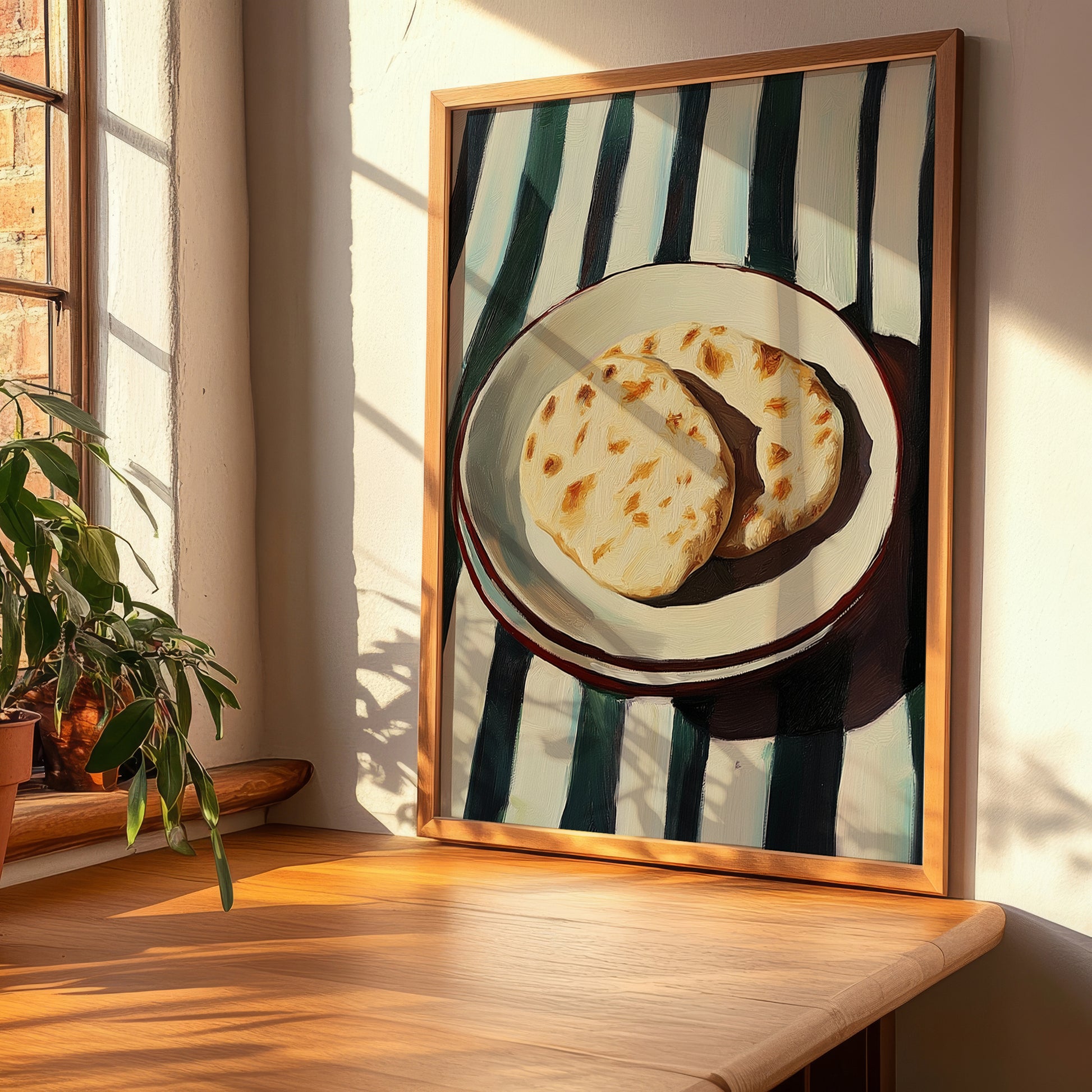 Pita Bread – on Striped Tablecloth, Greek Food Painting, clean layout with no caption