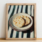 Pita Bread – on Striped Tablecloth, Greek Food Painting, no-text version framed in wood