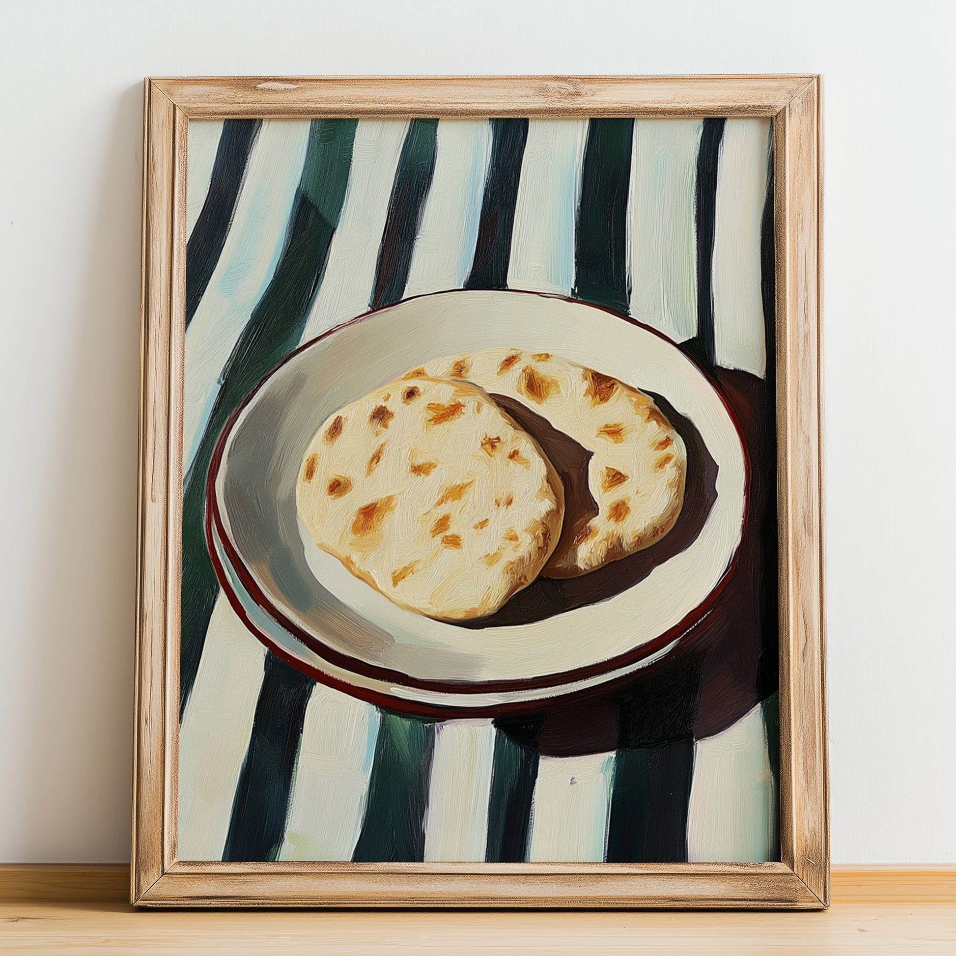 Pita Bread – on Striped Tablecloth, Greek Food Painting, no-text version framed in wood