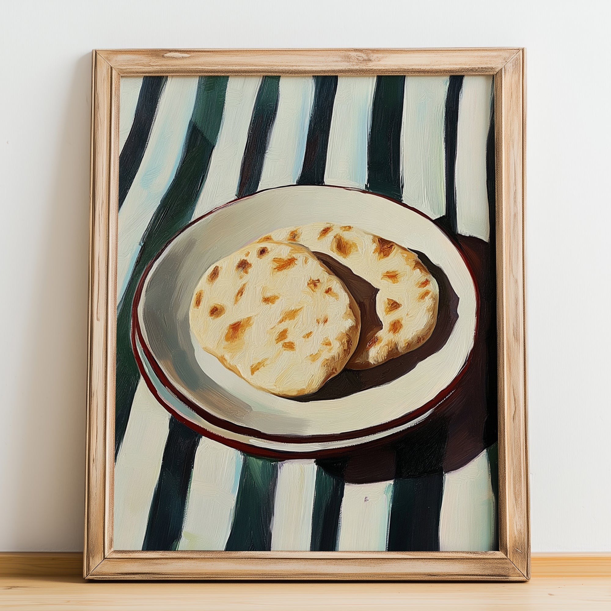 Pita Bread – on Striped Tablecloth, Greek Food Painting, no-text version framed in wood