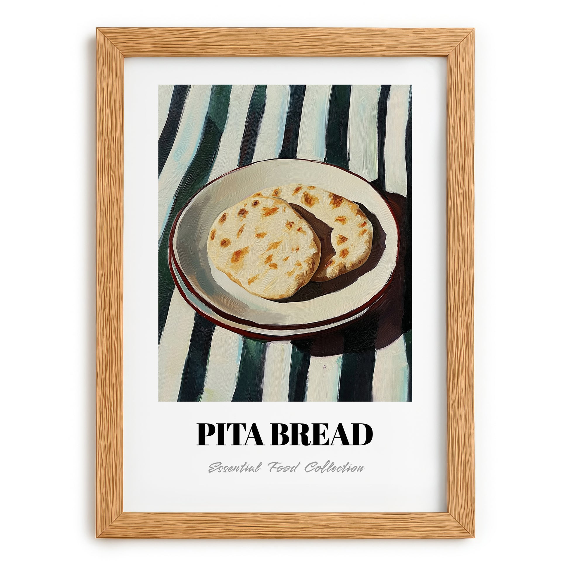 Pita Bread – on Striped Tablecloth, Greek Food Painting, set in oak frame