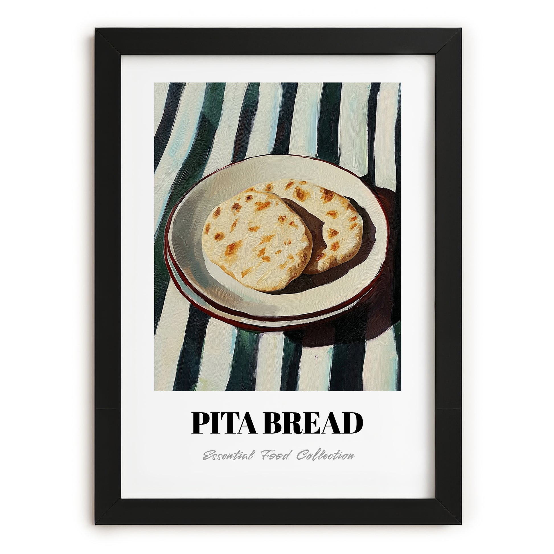 Pita Bread – on Striped Tablecloth, Greek Food Painting, in sleek black frame