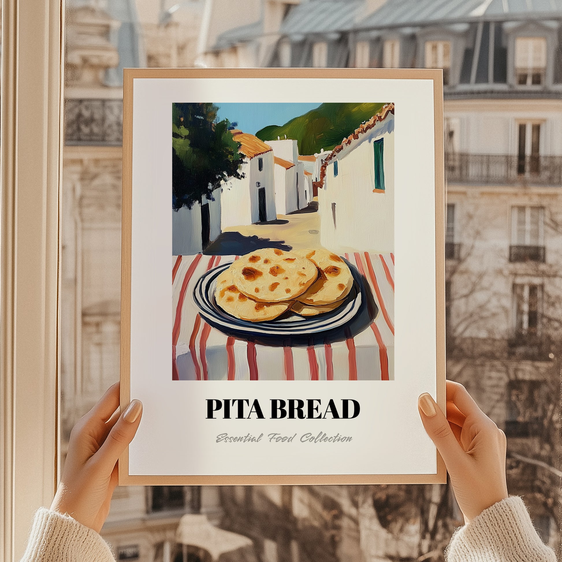 Pita Bread – White village Café on the Corner, Greek Food Illustration, styled in a charming Paris street view