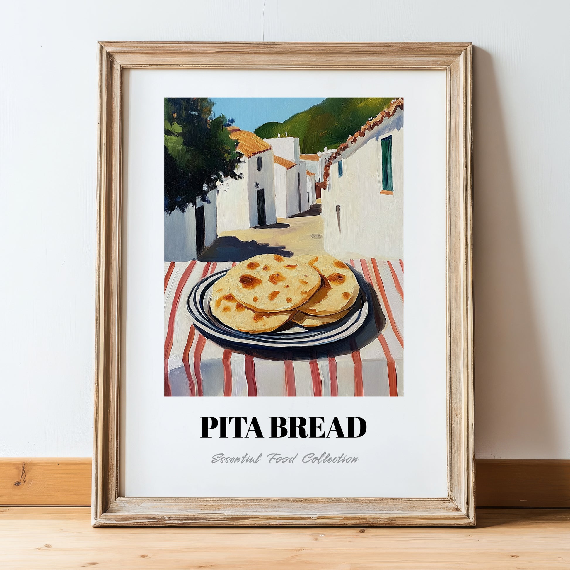Pita Bread – White village Café on the Corner, Greek Food Illustration, in wooden frame leaning on the floor