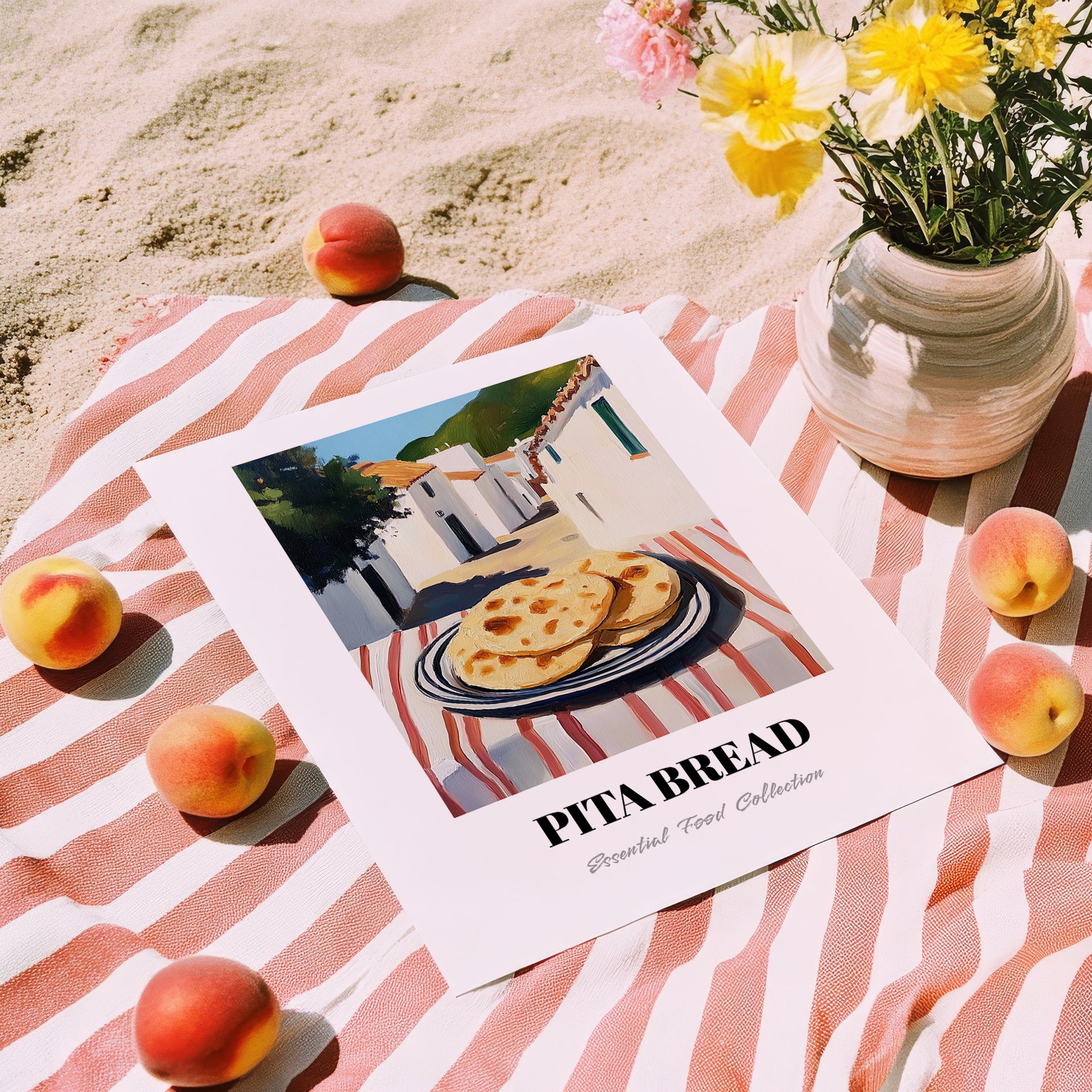 Pita Bread – White village Café on the Corner, Greek Food Illustration, unframed on coastal sand
