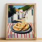 Pita Bread – White village Café on the Corner, Greek Food Illustration, no-text version framed in wood