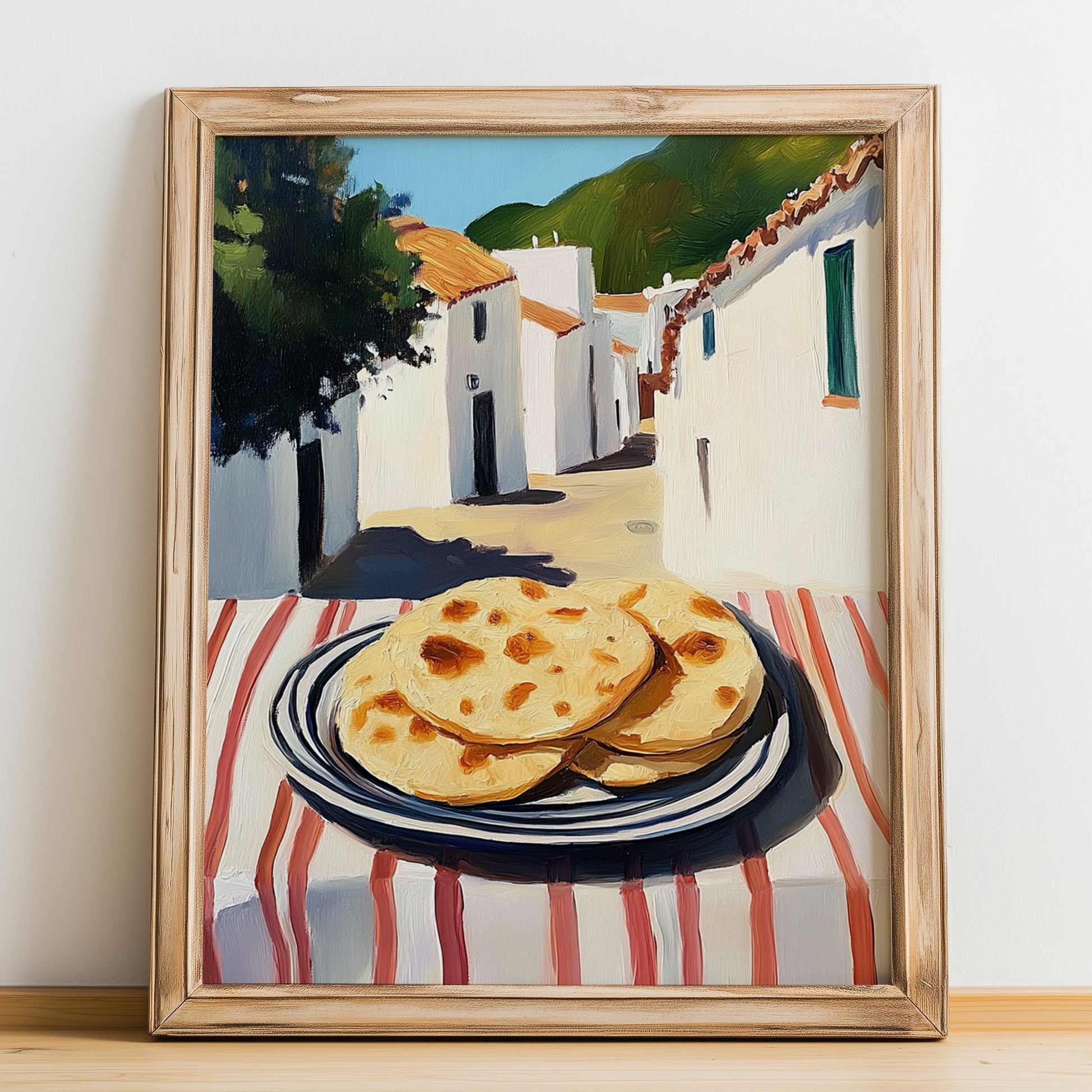 Pita Bread – White village Café on the Corner, Greek Food Illustration, no-text version framed in wood