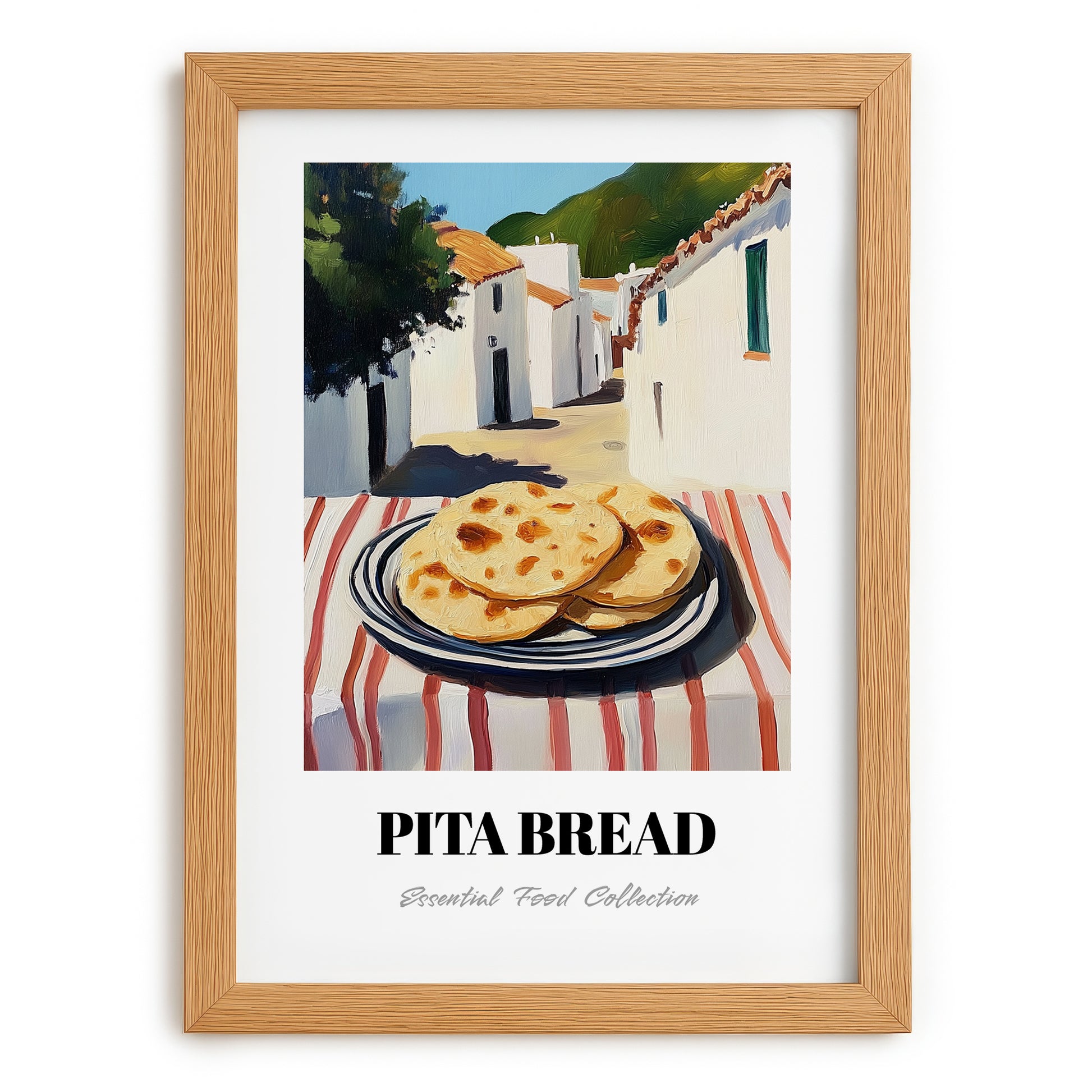 Pita Bread – White village Café on the Corner, Greek Food Illustration, set in oak frame
