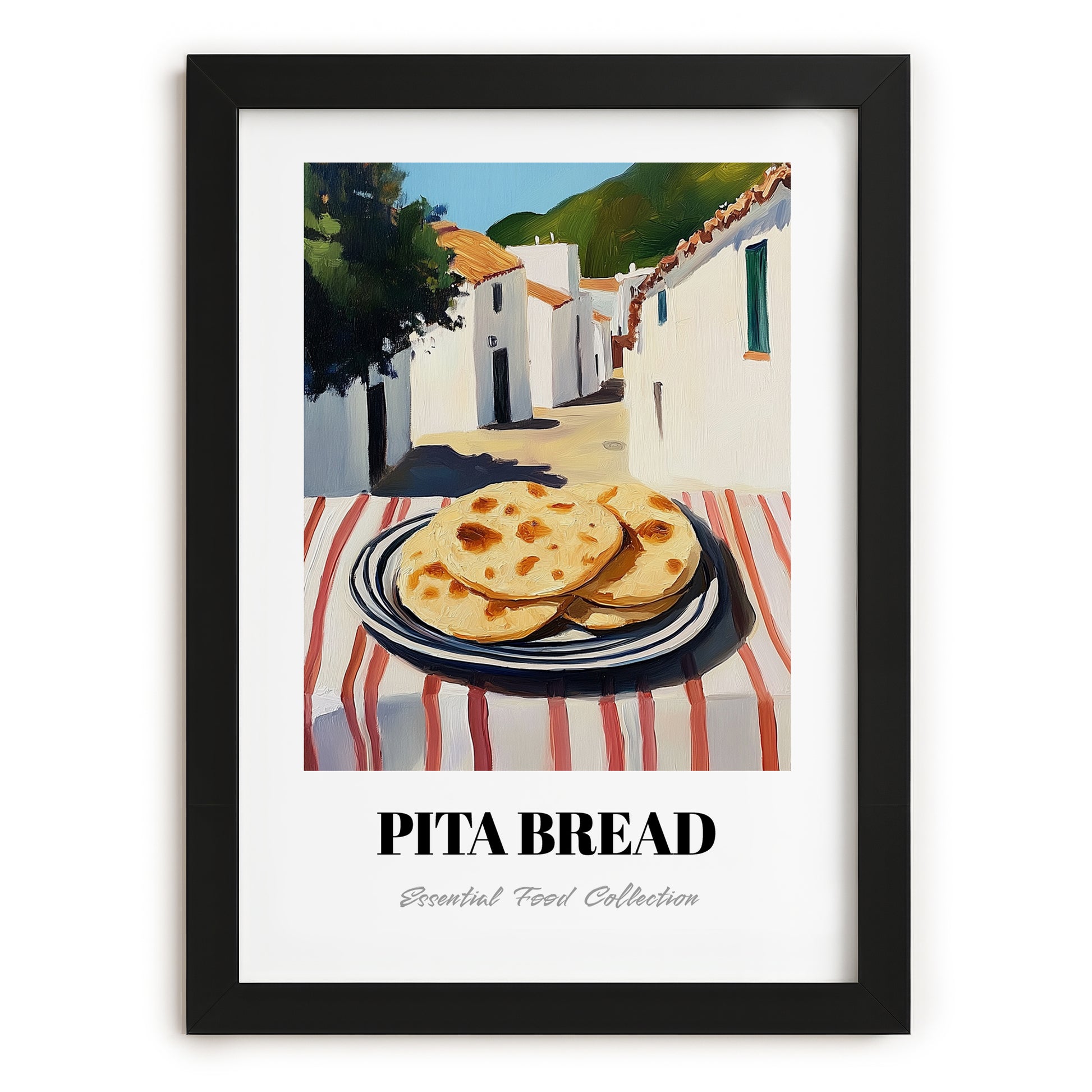 Pita Bread – White village Café on the Corner, Greek Food Illustration, in sleek black frame