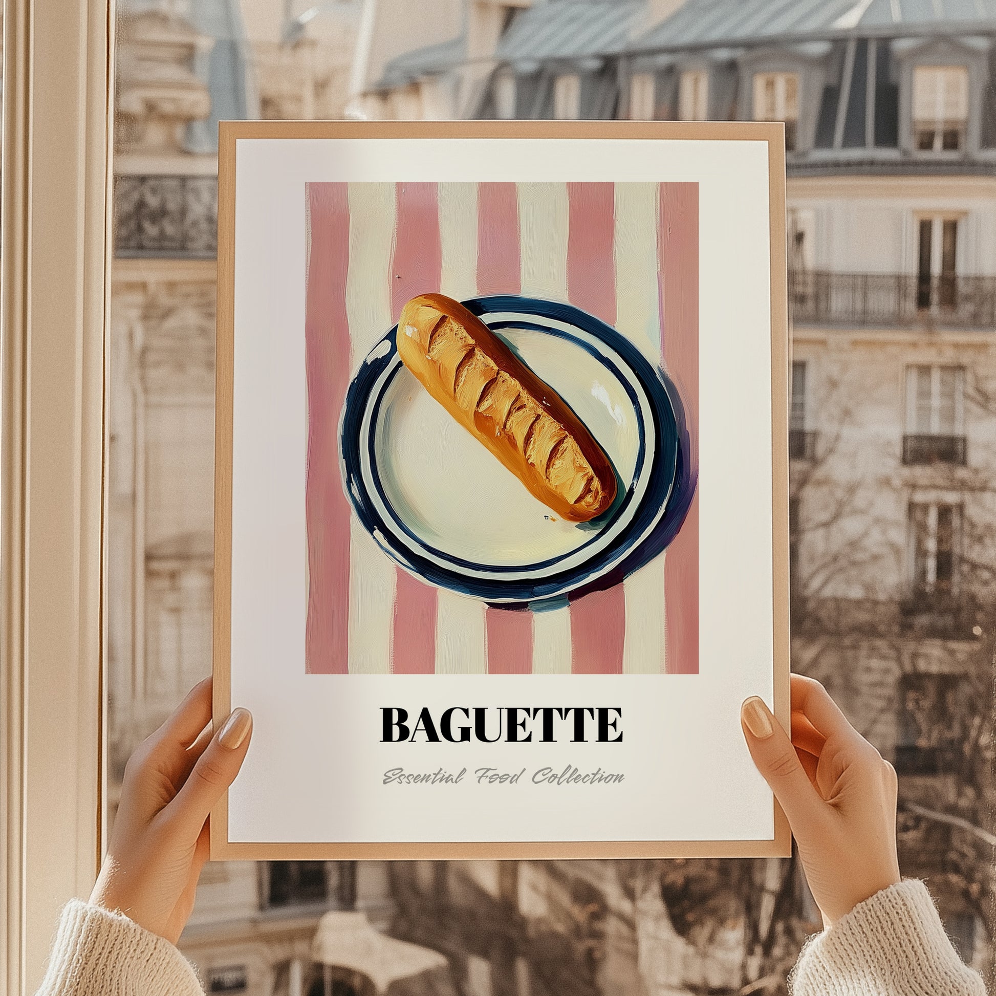 Baguette – on Striped Tablecloth, French Food Print, styled in a charming Paris street view