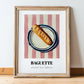 Baguette – on Striped Tablecloth, French Food Print, in wooden frame leaning on the floor