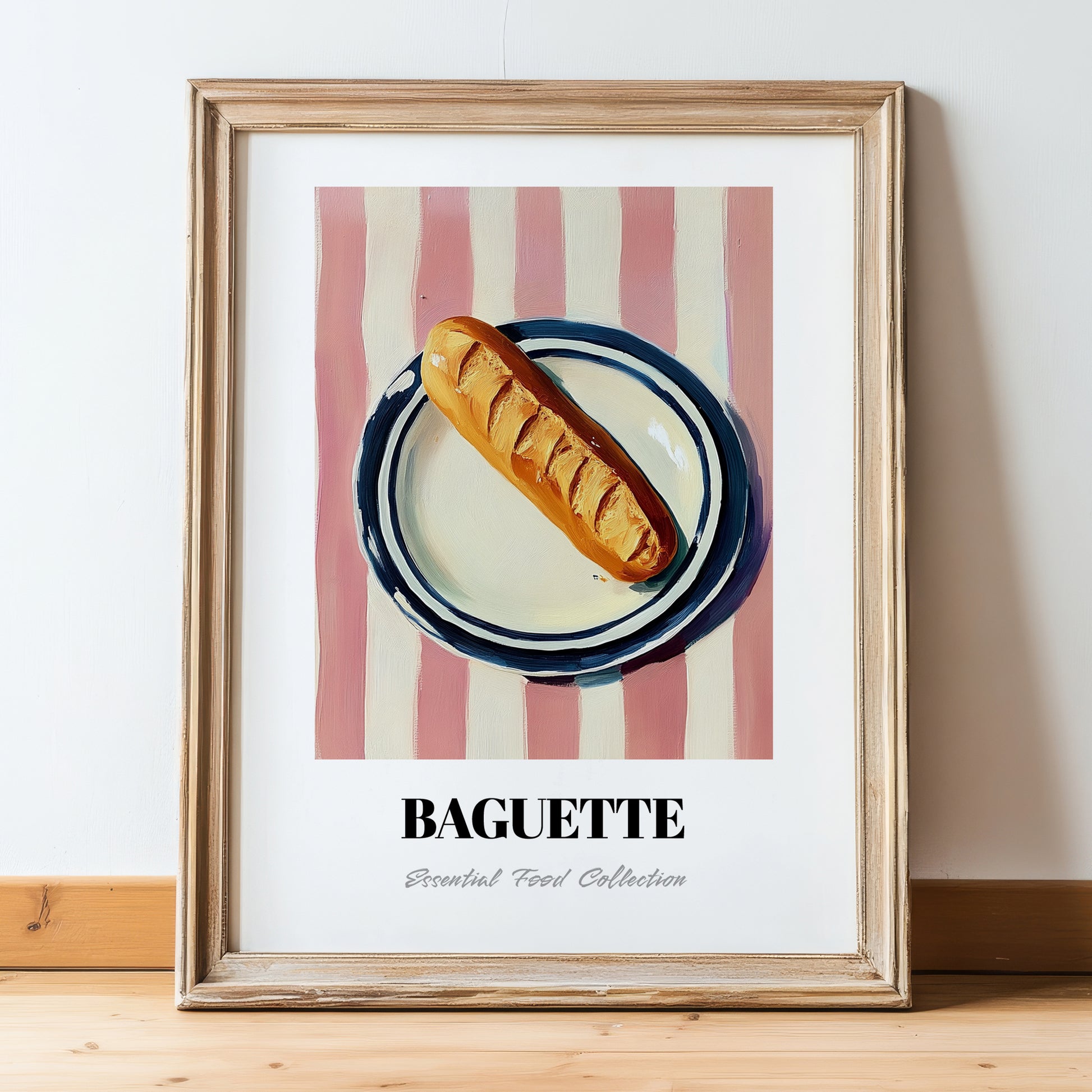 Baguette – on Striped Tablecloth, French Food Print, in wooden frame leaning on the floor