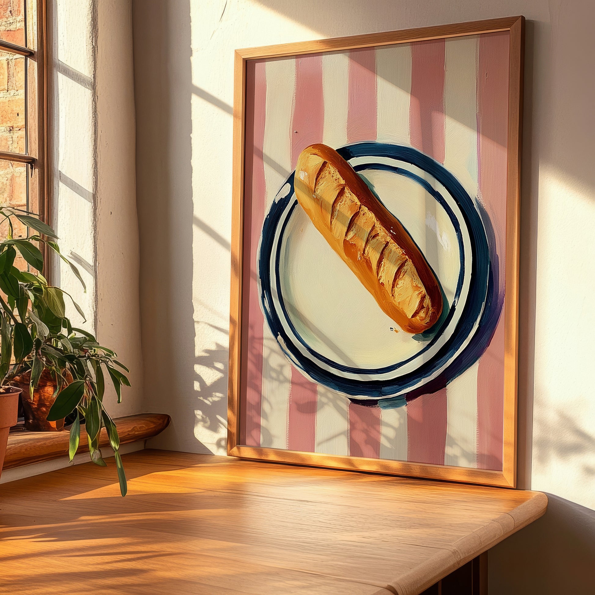 Baguette – on Striped Tablecloth, French Food Print, clean layout with no caption