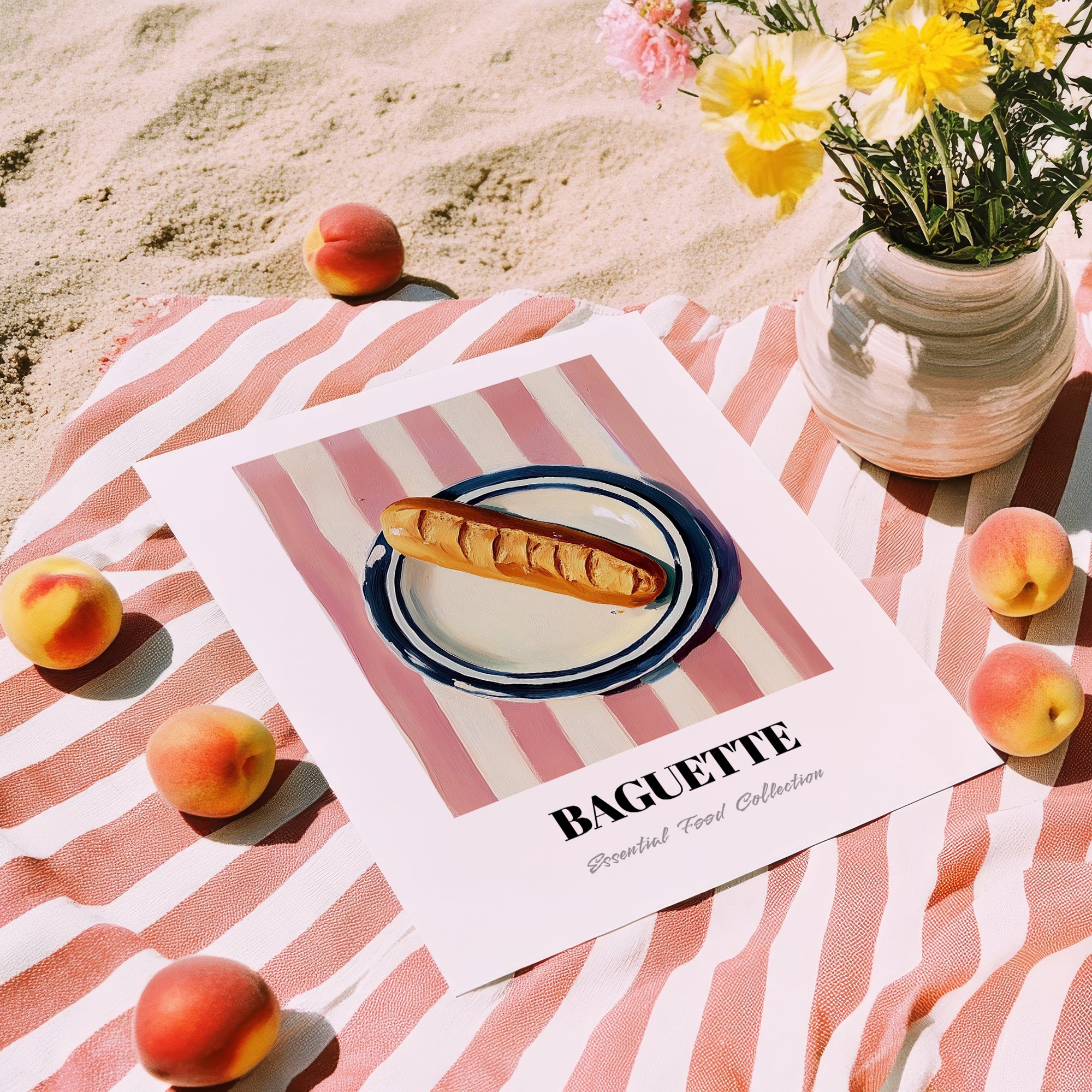 Baguette – on Striped Tablecloth, French Food Print, unframed on coastal sand