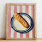 Baguette – on Striped Tablecloth, French Food Print, no-text version framed in wood