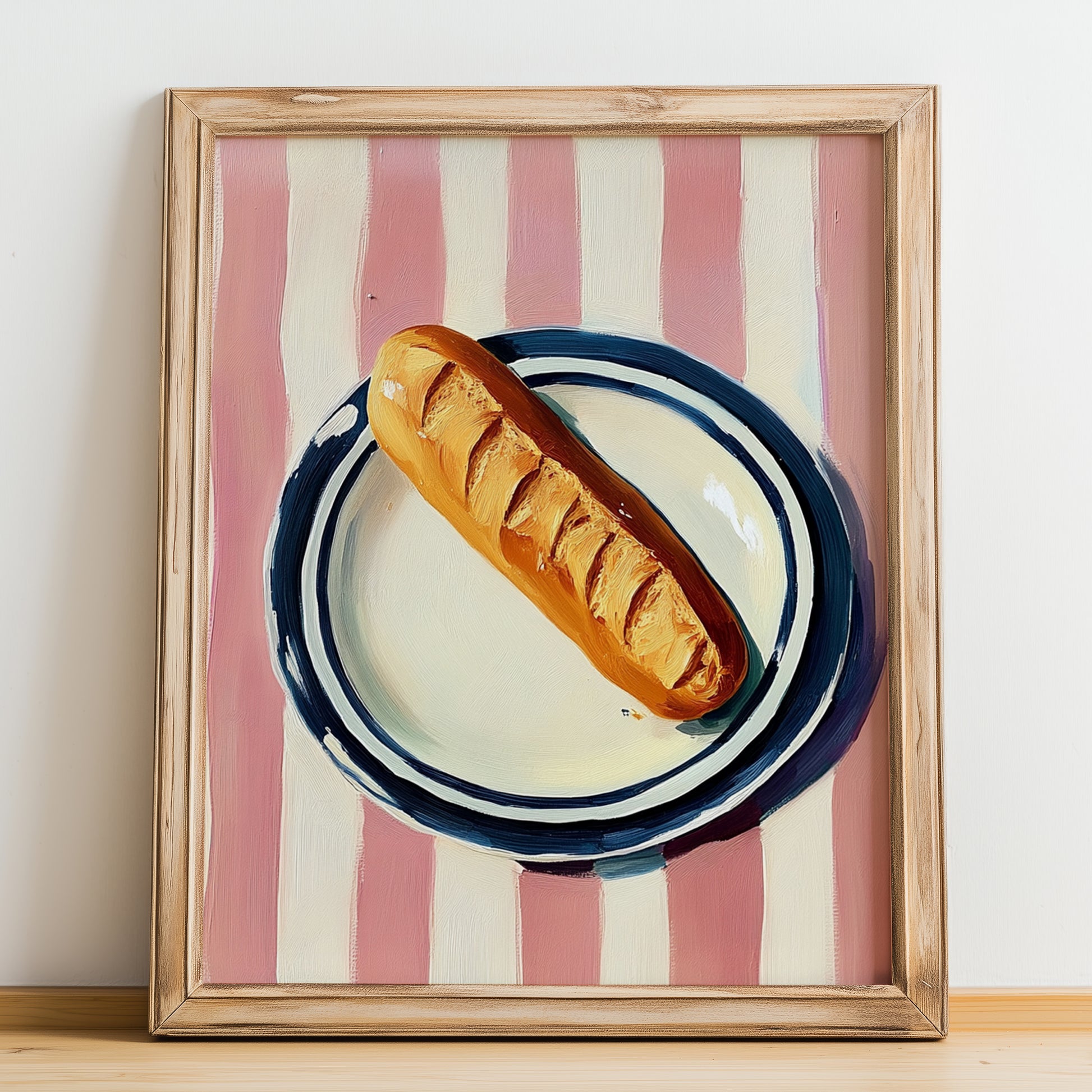 Baguette – on Striped Tablecloth, French Food Print, no-text version framed in wood