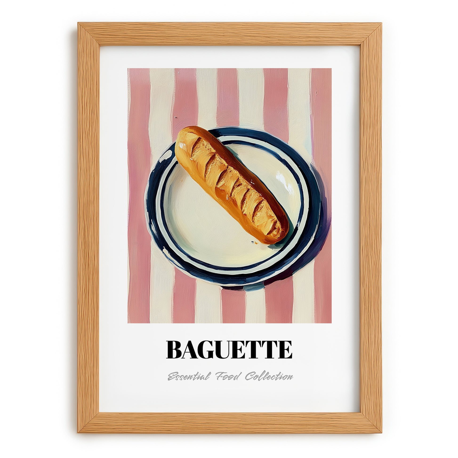 Baguette – on Striped Tablecloth, French Food Print, set in oak frame