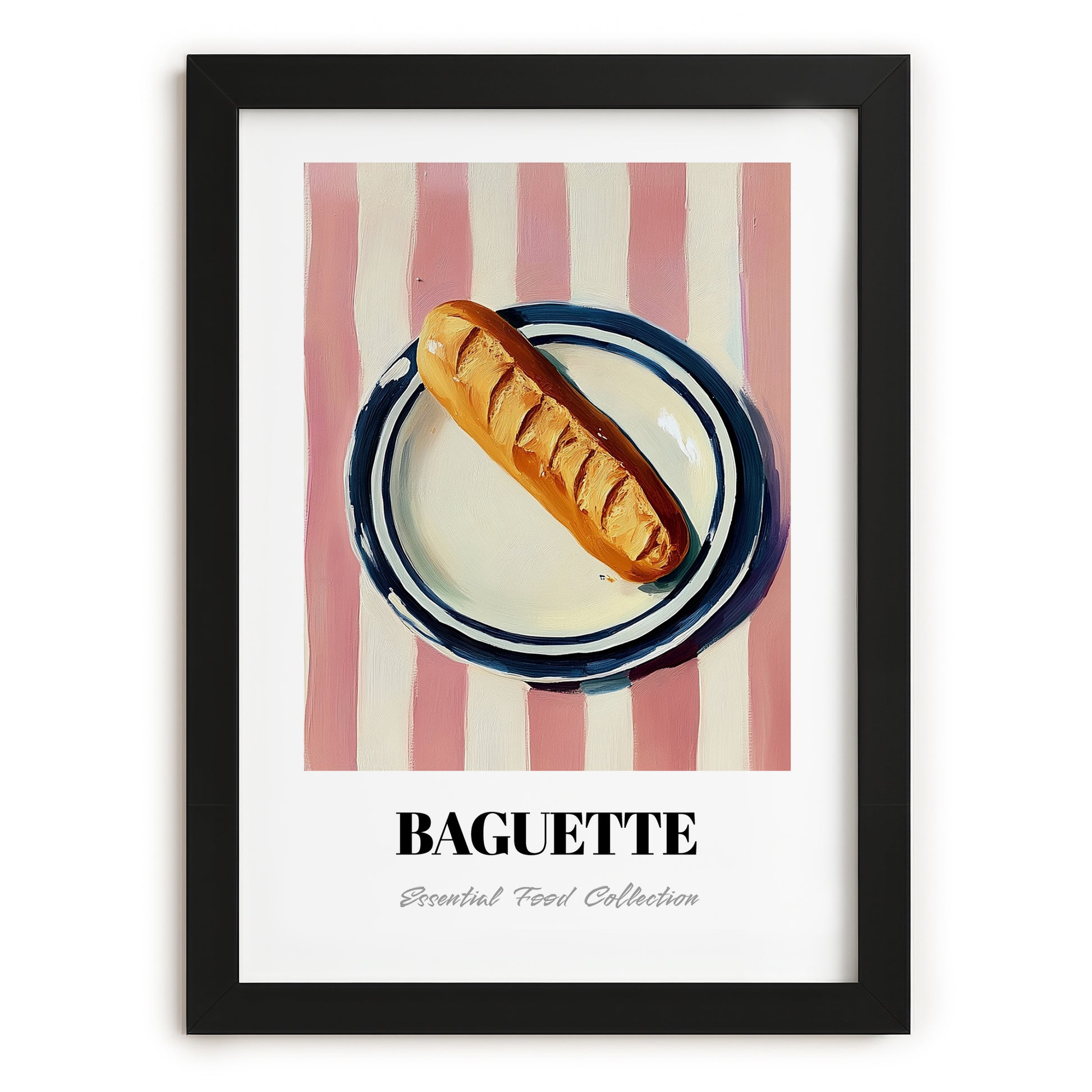 Baguette – on Striped Tablecloth, French Food Print, in sleek black frame
