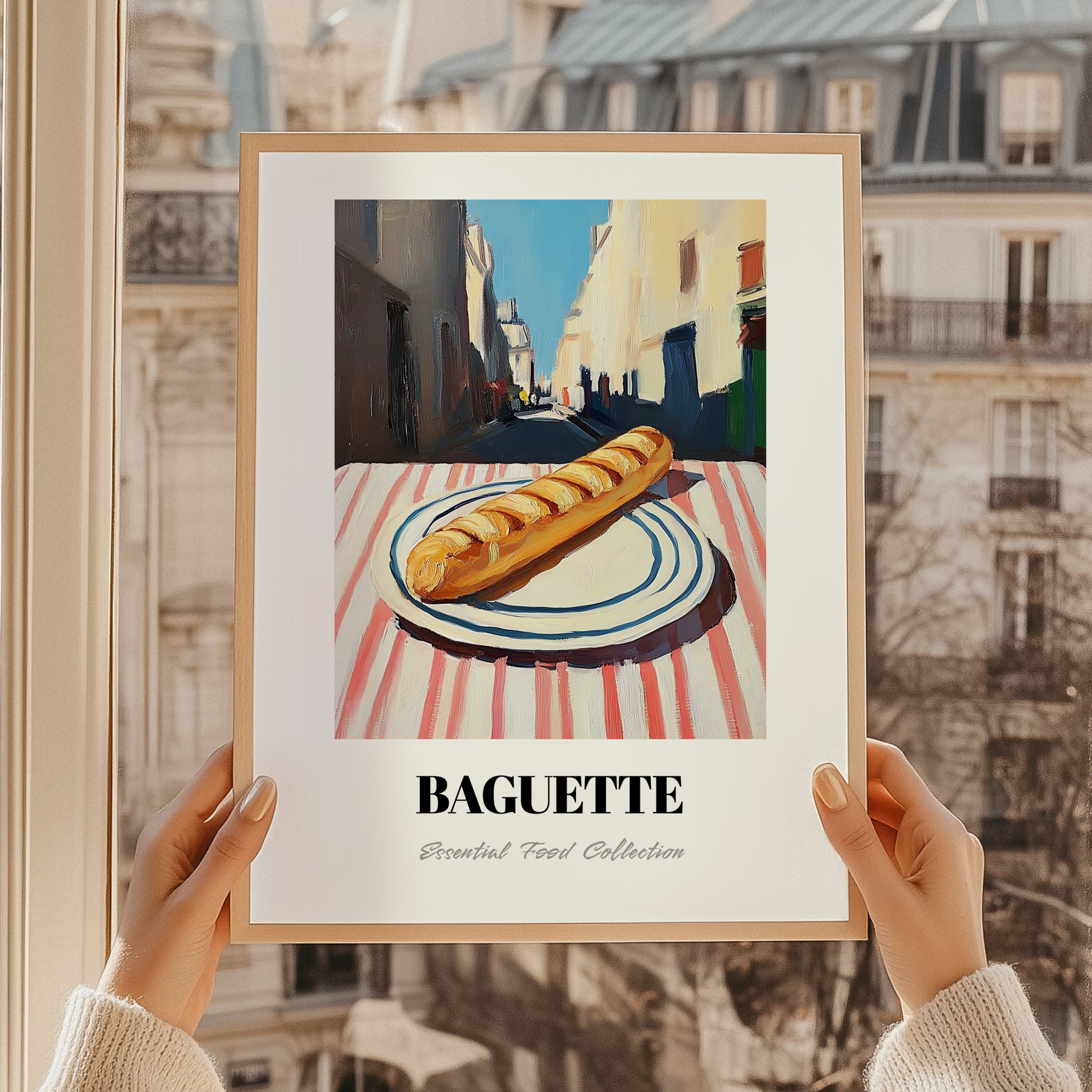 Baguette – White village Outdoor Café Scene, French Food Illustration, styled in a charming Paris street view
