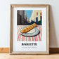 Baguette – White village Outdoor Café Scene, French Food Illustration, in wooden frame leaning on the floor