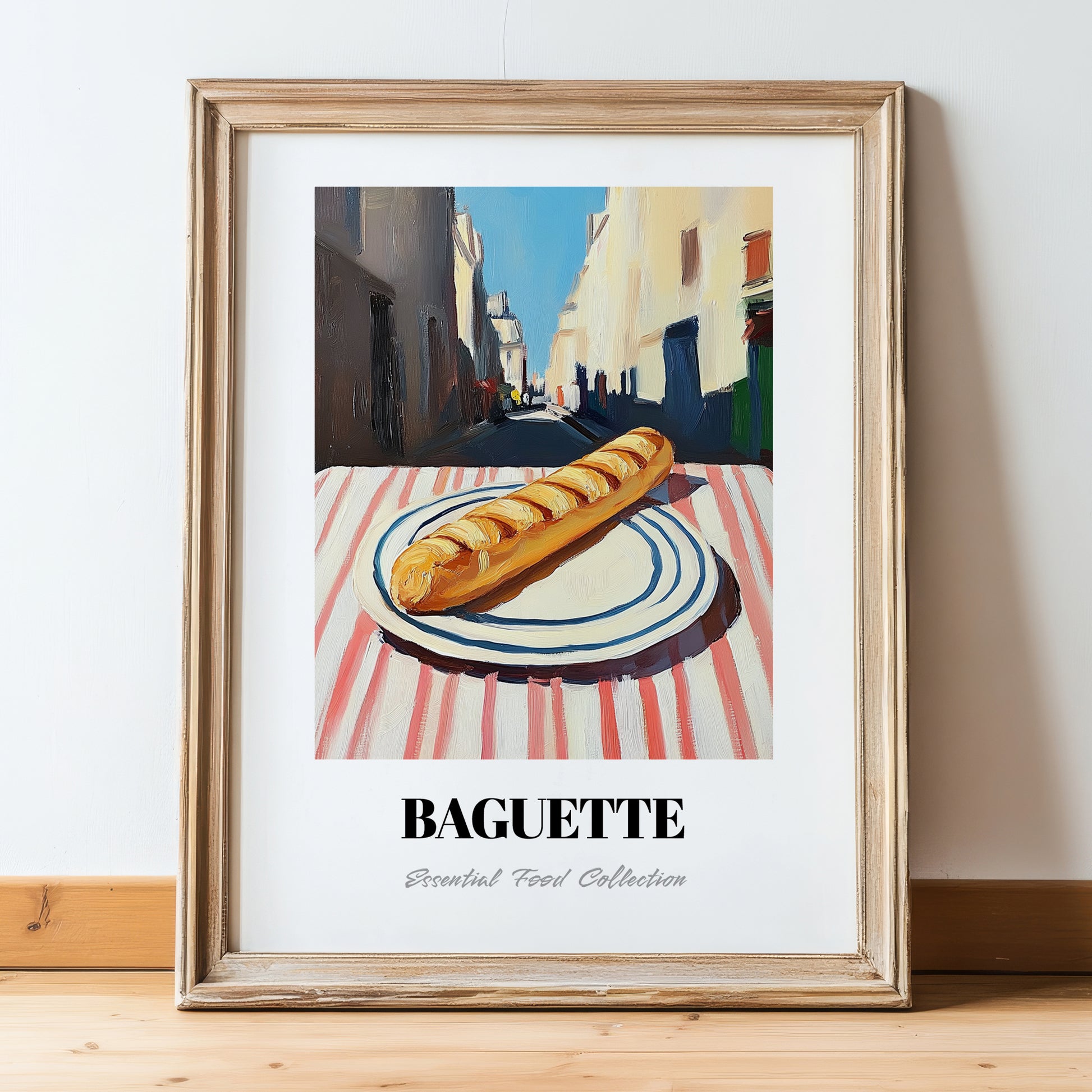 Baguette – White village Outdoor Café Scene, French Food Illustration, in wooden frame leaning on the floor