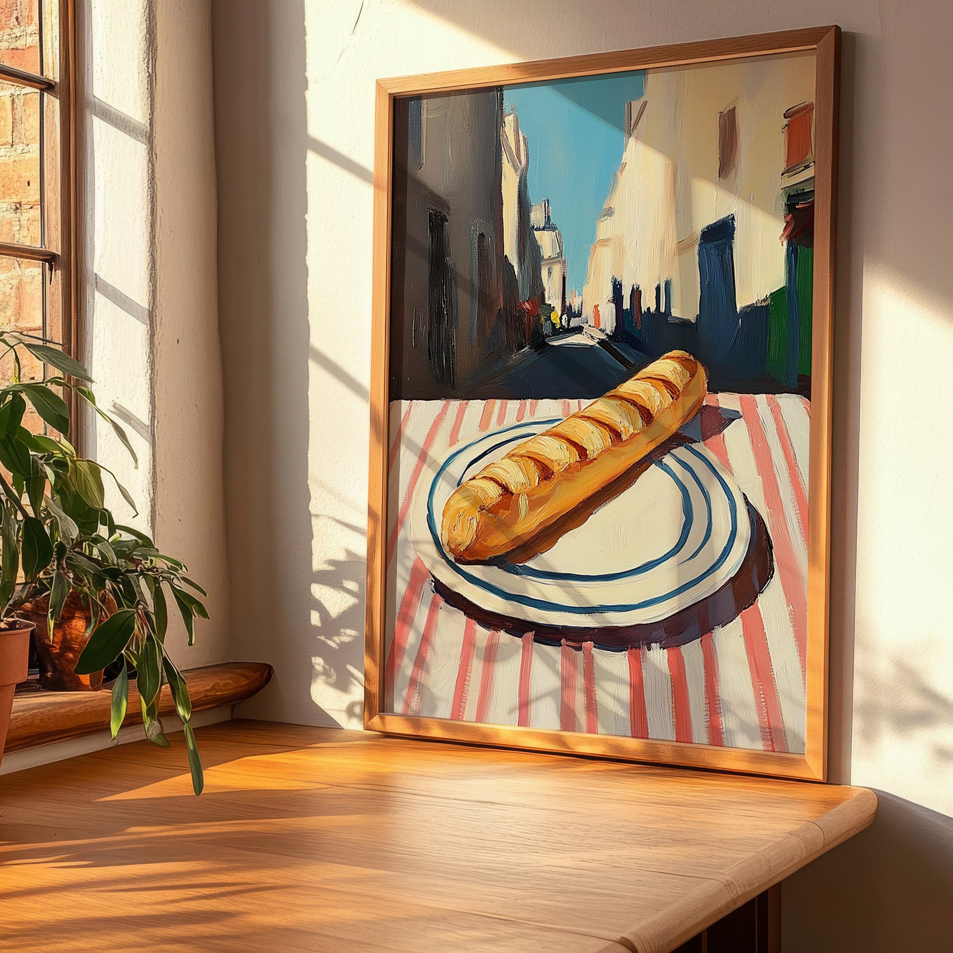 Baguette – White village Outdoor Café Scene, French Food Illustration, clean layout with no caption