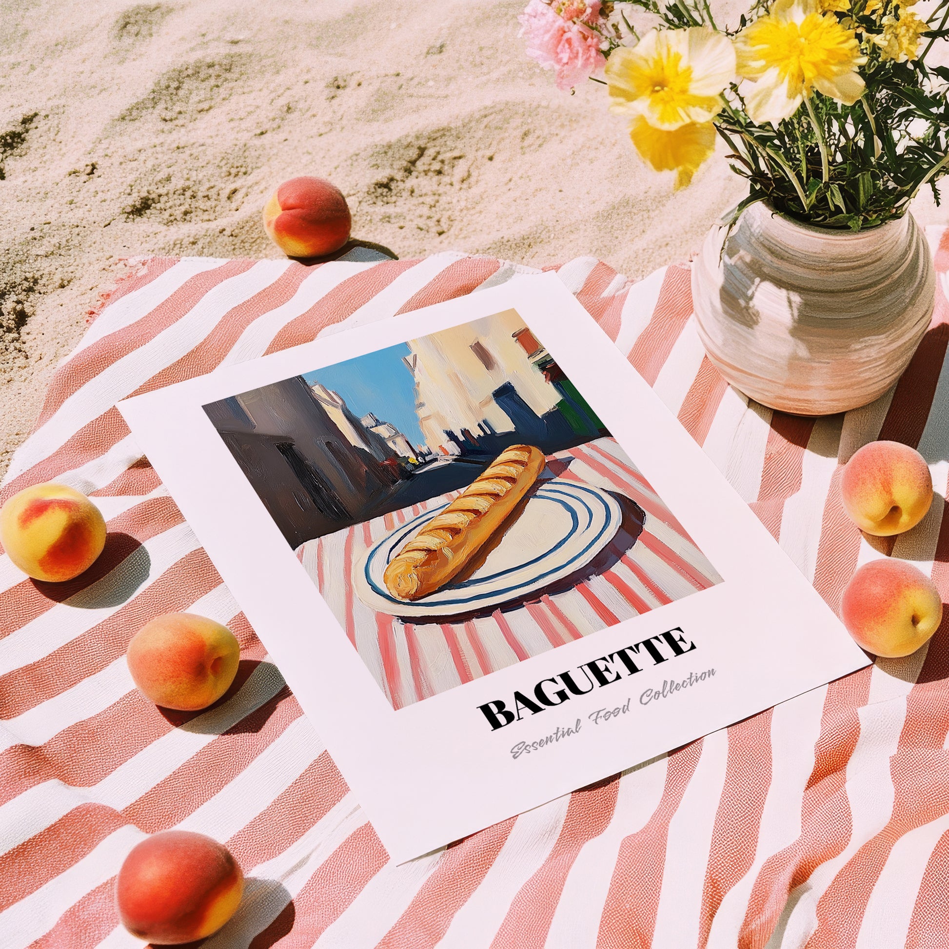 Baguette – White village Outdoor Café Scene, French Food Illustration, unframed on coastal sand