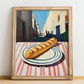 Baguette – White village Outdoor Café Scene, French Food Illustration, no-text version framed in wood