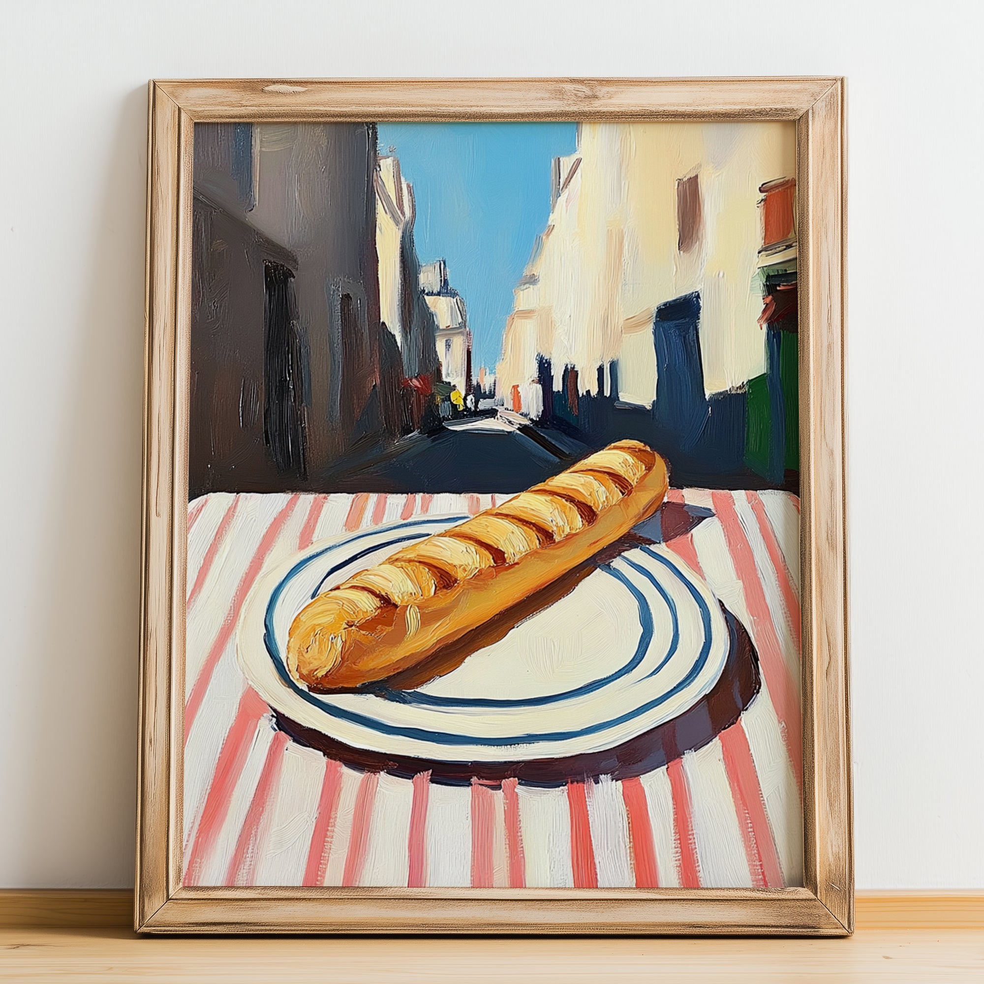 Baguette – White village Outdoor Café Scene, French Food Illustration, no-text version framed in wood